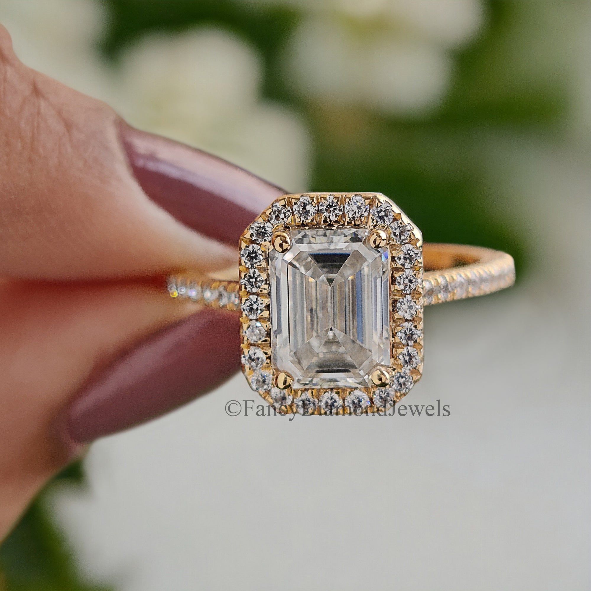 1.5 CT Emerald Cut Moissanite Solitaire Ring 14K Yellow Gold Engagement Ring Halo Setting Statement Ring Gift For Her Anniversary Ring FD89