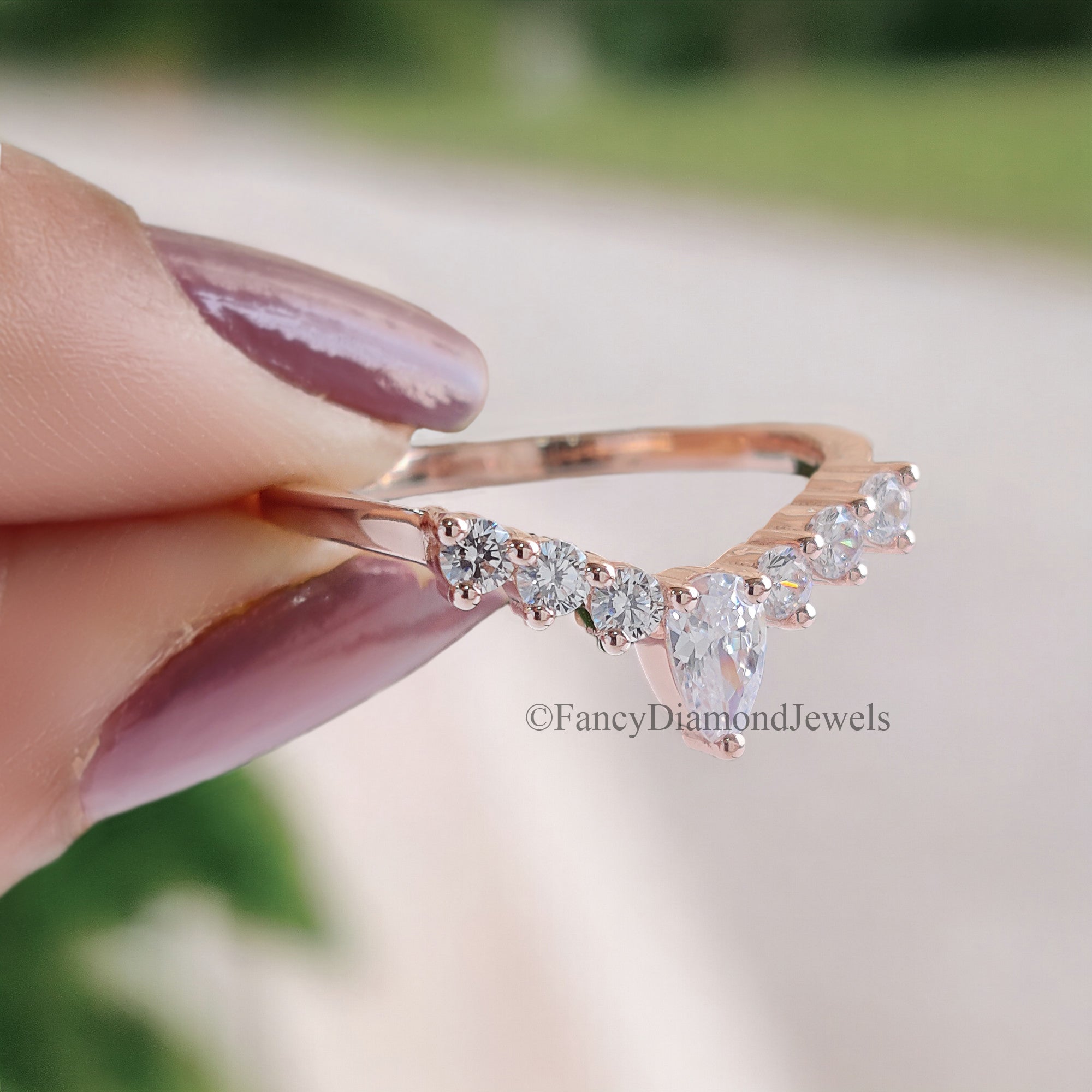 Curved Wedding Band Antique Moissanite Ring Pear cut Moissanite Wedding Band Rose Gold Unique Matching ring Anniversary dainty band FD60
