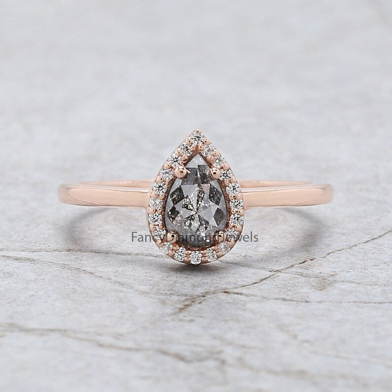 Pear Cut Salt And Pepper Diamond Ring 0.63 Ct 6.80 MM Pear Diamond Ring 14K Solid Rose Gold Silver Pear Engagement Ring Gift For Her QK2397