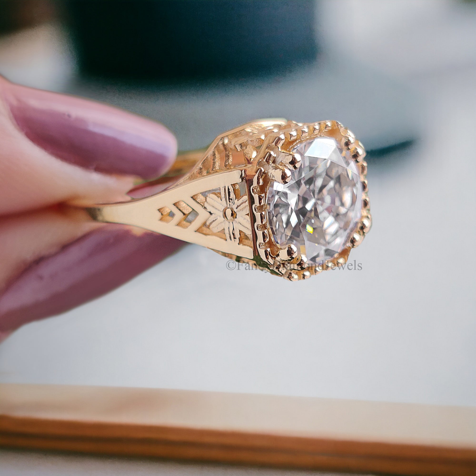 Art Deco Ring 1.80 CT Round Old European Cut Colorless Moissanite Ring OEC Ring Engagement Ring Wedding Ring Bridal Set 14KT Gold FD121