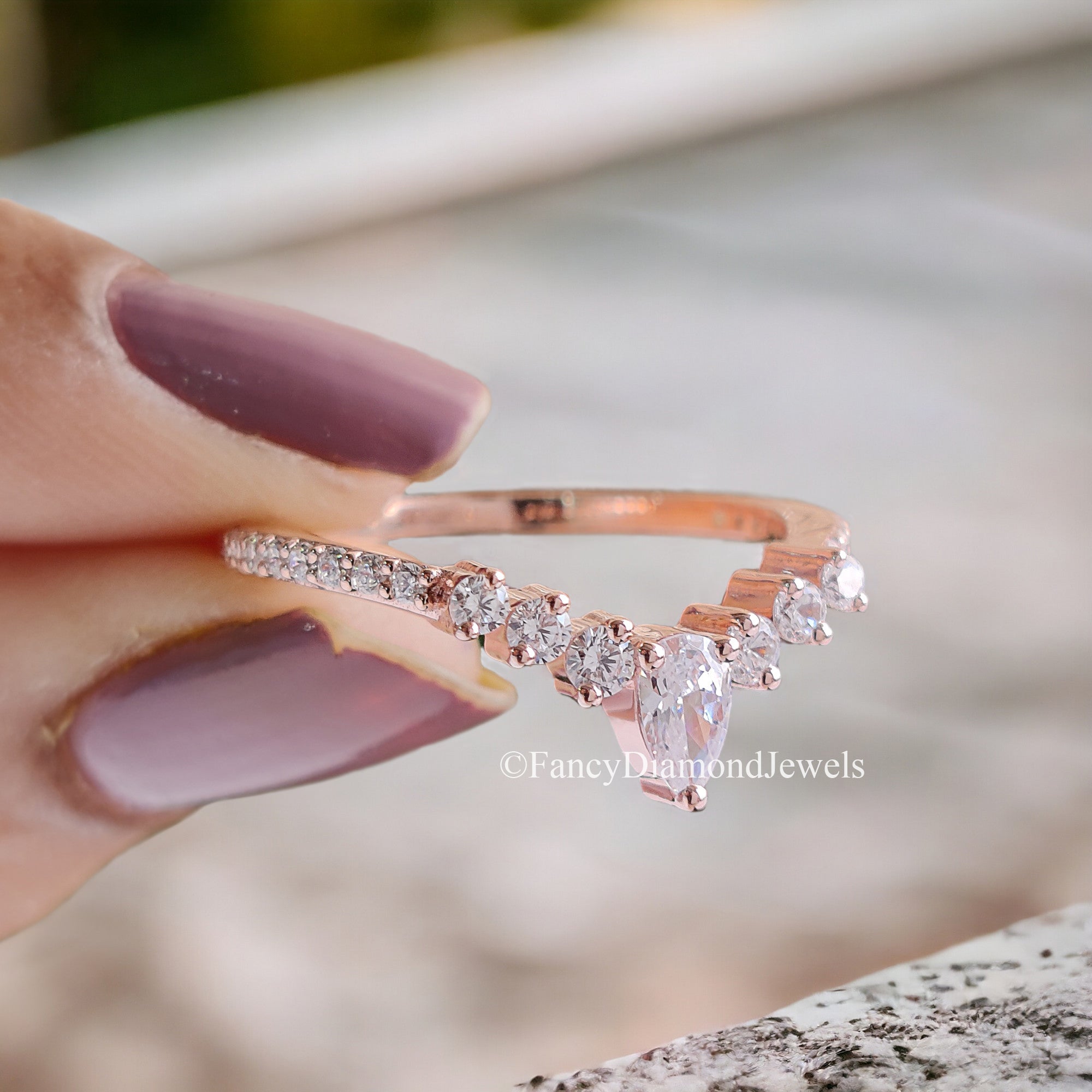 Curved wedding band Antique Pear cut Moissanite ring Rose Gold Unique Matching ring Half eternity Anniversary Stacking dainty band FD63