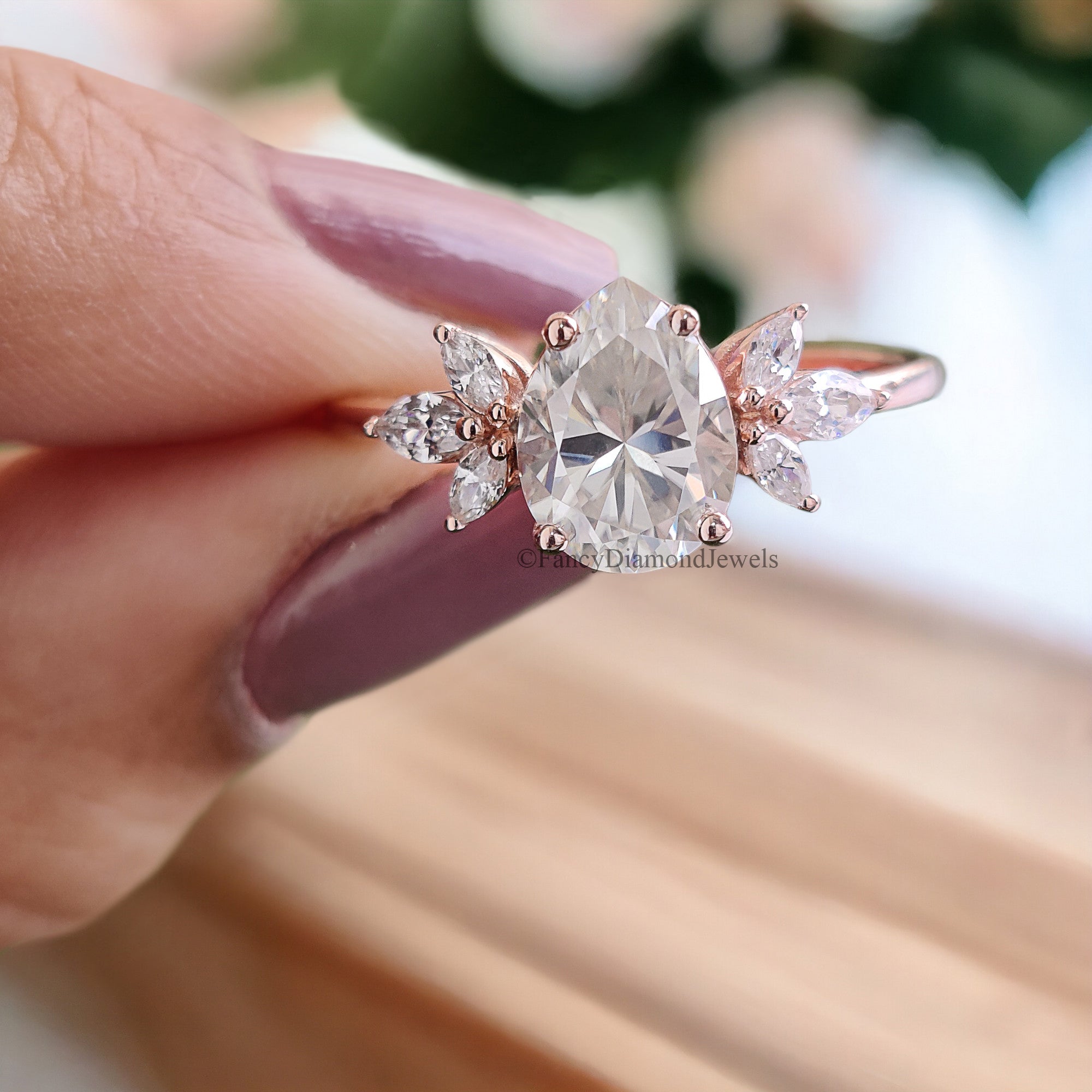 Pear shaped Moissanite engagement ring vintage Unique Marquise cut diamond Cluster engagement ring rose gold wedding gift for women FD107