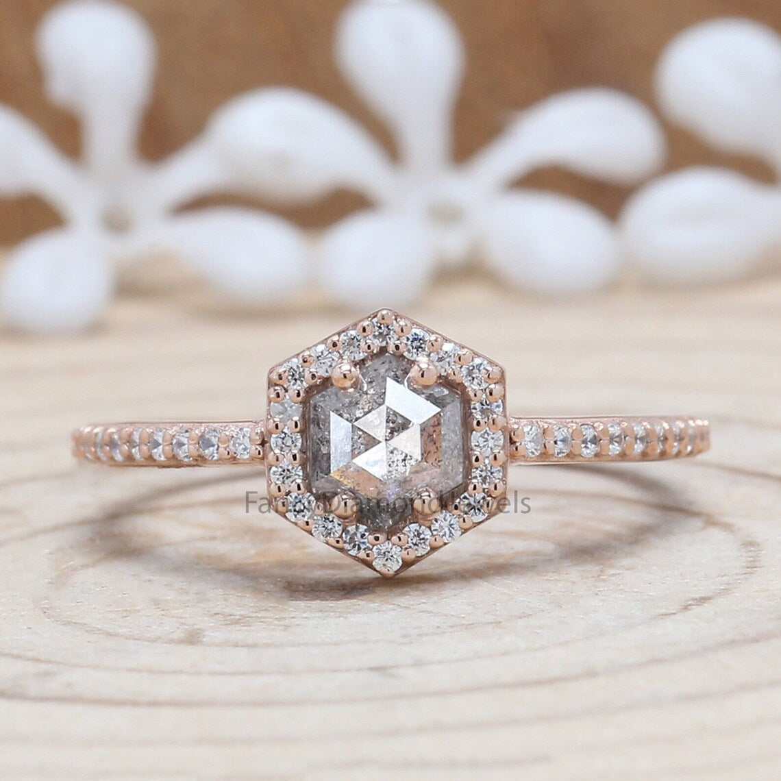0.58 Ct Natural Hexagon Shape Salt And Pepper Diamond Ring 5.45 MM Hexagon Cut Diamond Ring 14K Solid Rose Gold Silver Engagement Ring QN536