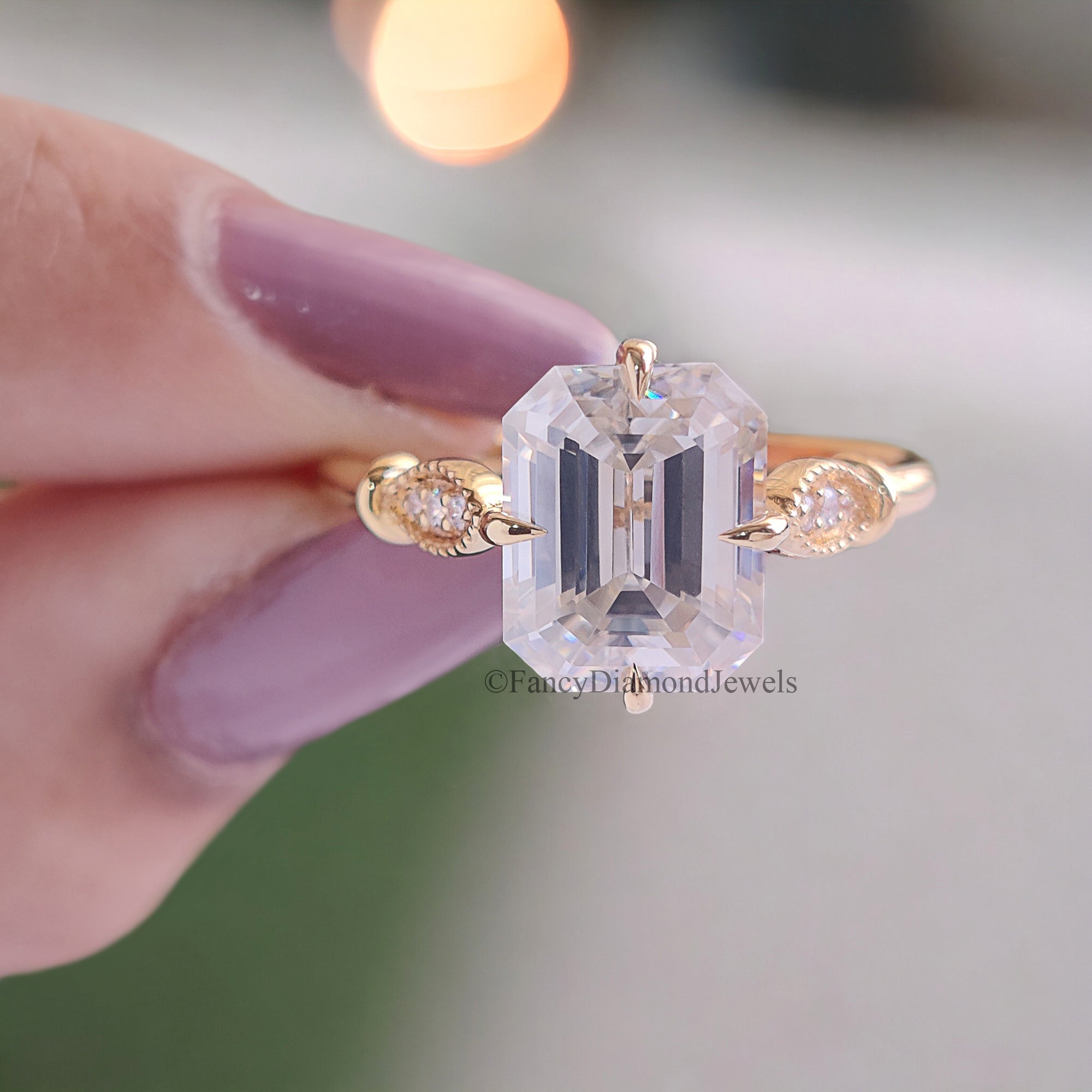 Antique Vintage 2.50 CT Emerald Cut Colorless Moissanite Engagement Ring Bridal Wedding Ring Milgrain Ring Anniversary Gifts For Her FD94