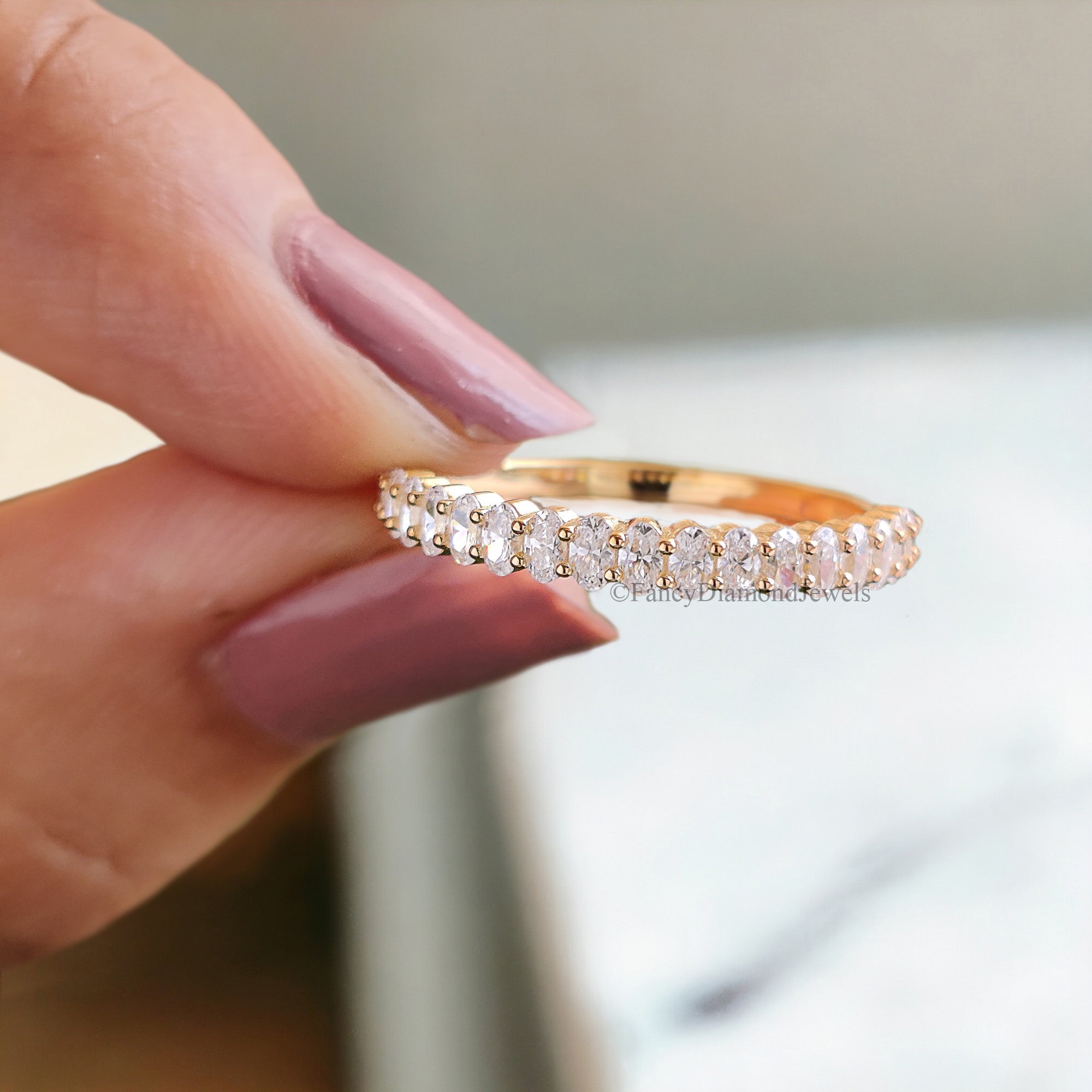 Oval cut Moissanite wedding band women yellow gold Unique Half eternity wedding band vintage Stacking Matching bridal gift for her FD131