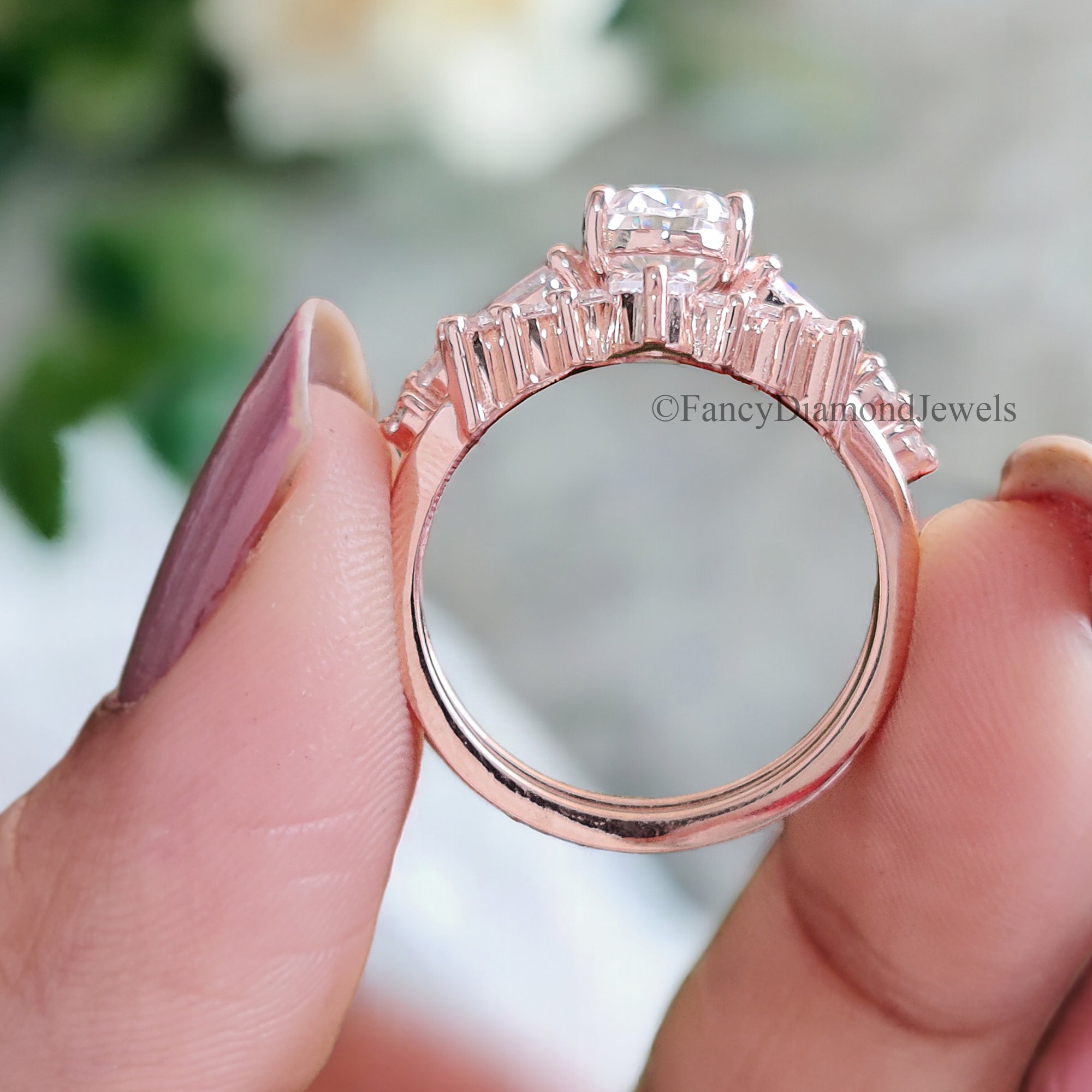 Vintage Moissanite Engagement Ring Set 1.3 CT Moissanite ring Oval ring Rose Gold Crown ring Unique Stacking ring Diamond Cluster ring FD44