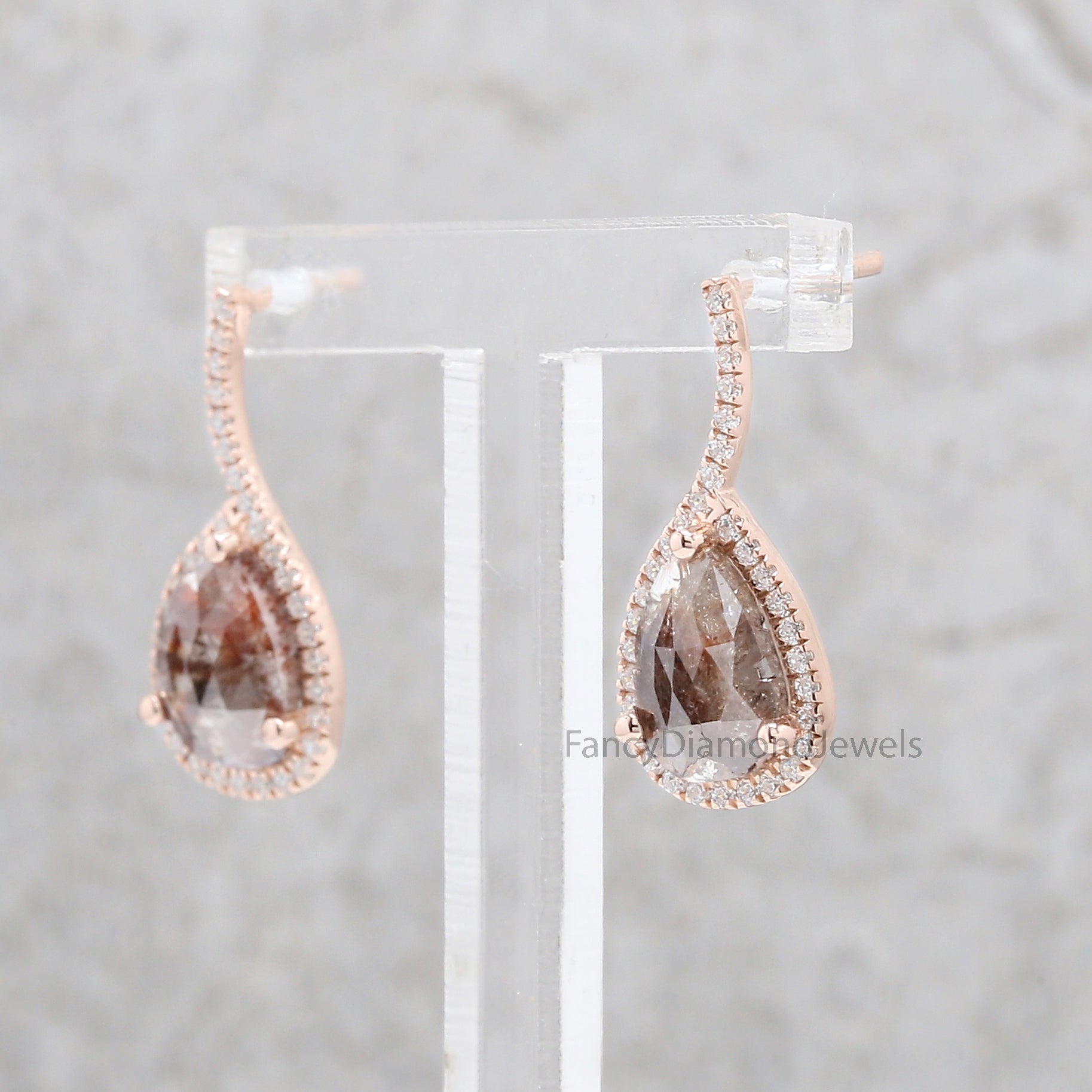 Pear Diamond Earring, Brown Color Pear Shape Earring, Halo Earring, Pear Engagement Earring, Earlobe Earrings, Stud Earrings KDN8217