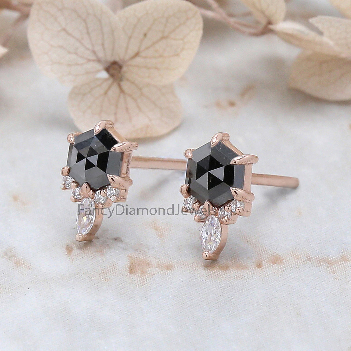 Hexagon Cut Black Color Diamond Earring 0.58 Ct 5.03 MM Hexagon Shape Diamond Earring 14K Solid Rose Gold Silver Engagement Earring QK2629