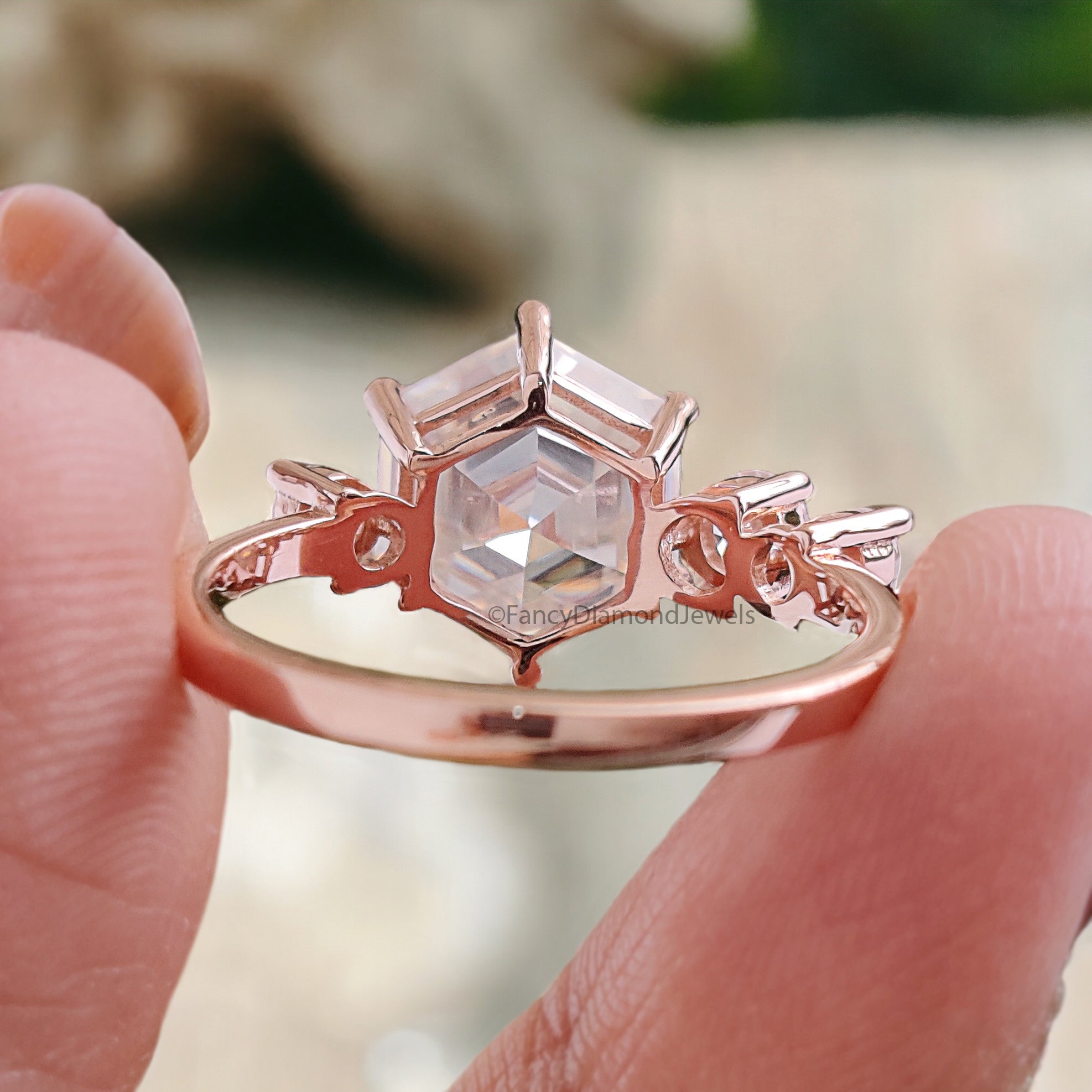 2.95 CTW Antique Hexagon Cut Moissanite Engagement Ring Rose Gold Four Stone Ring Engagement Ring Delicate Wedding Bridal Ring FD235