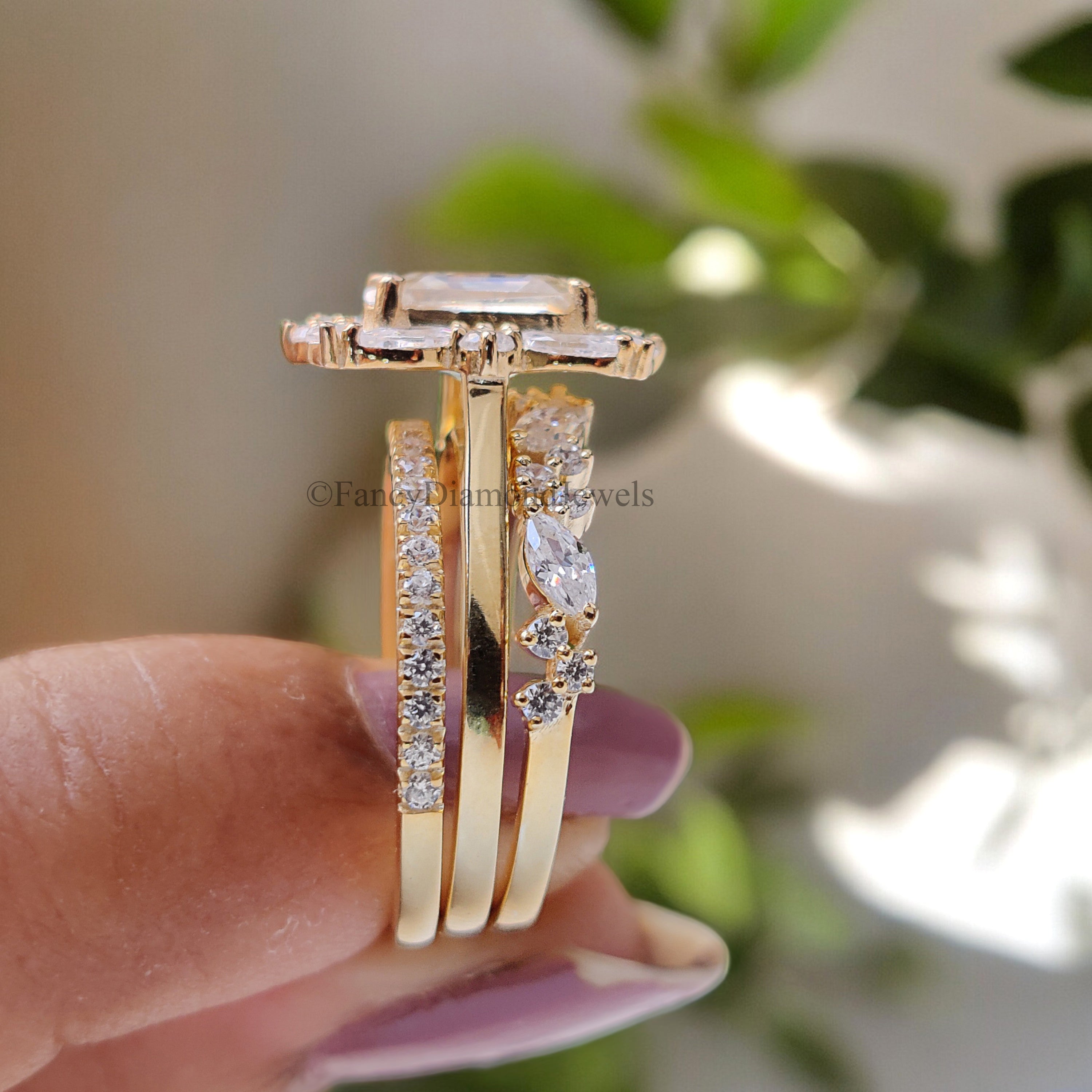 3Pcs Emerald cut Moissanite engagement ring set yellow gold Unique Art deco Cluster Wedding ring vintage Bridal Anniversary ring set FD187
