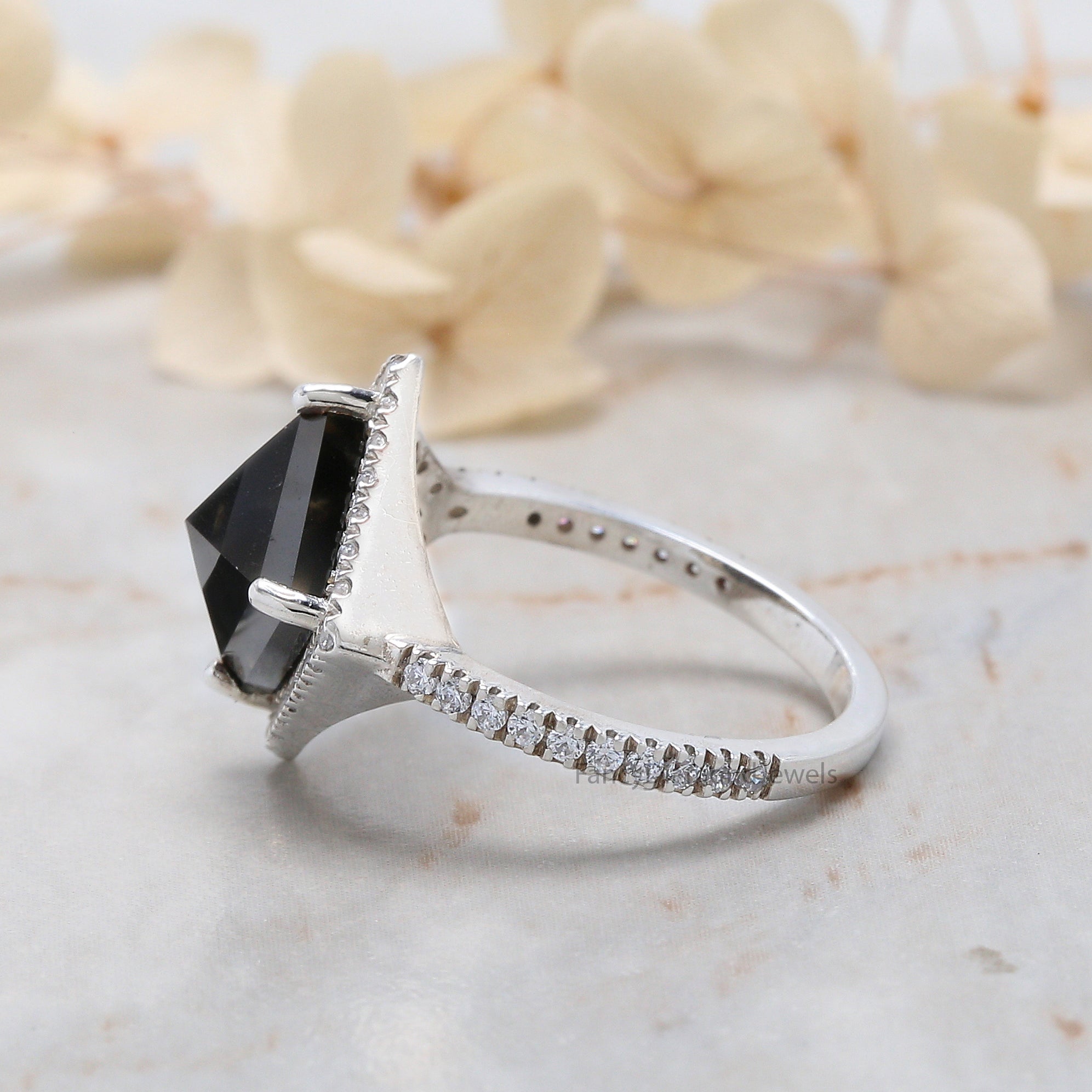 Kite Cut Black Color Diamond Ring 3.28 Ct 10.80 MM Kite Diamond Ring 14K Solid White Gold Silver Kite Engagement Ring Gift For Her QL9504