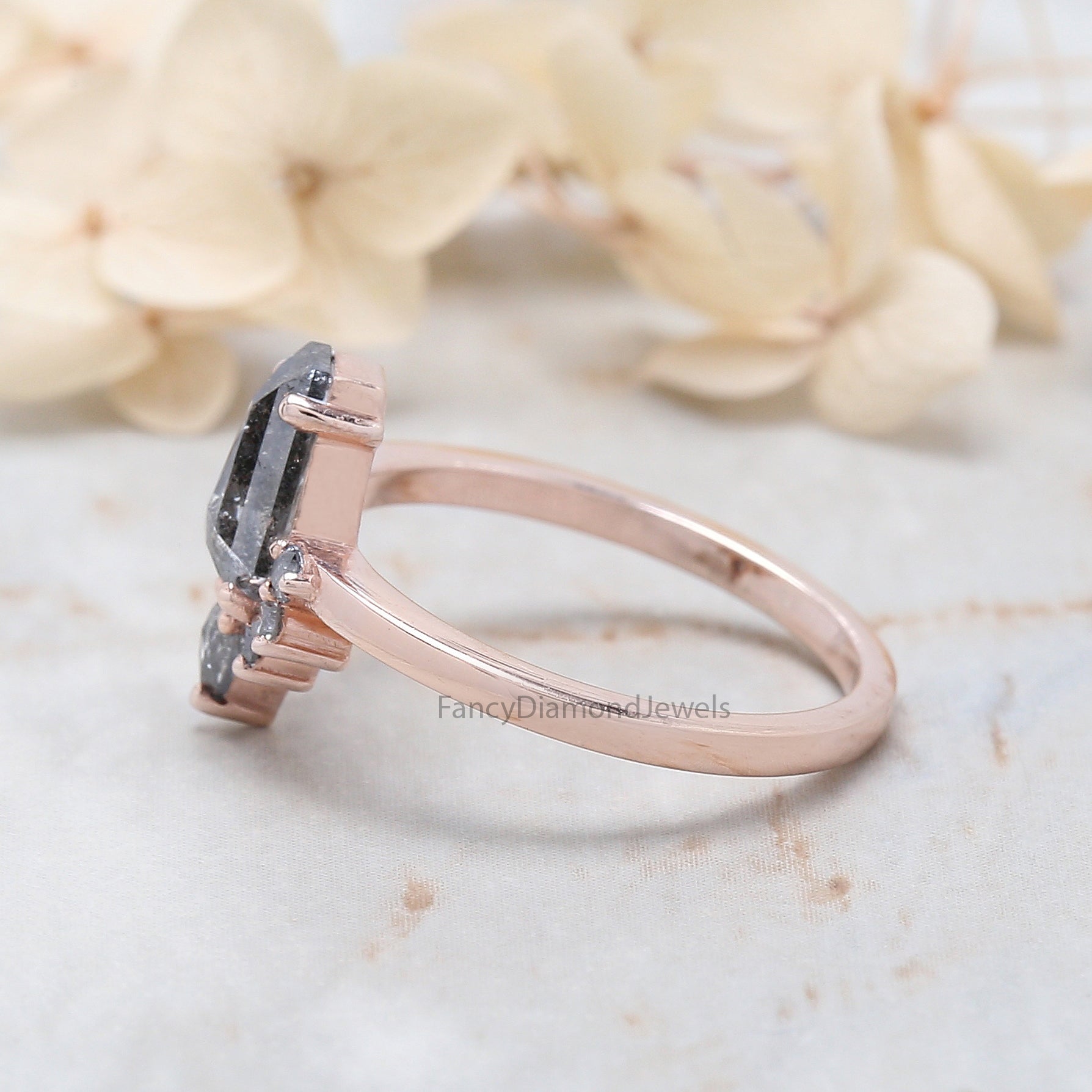 Coffin Cut Salt And Pepper Diamond Ring 1.08 Ct 7.75 MM Coffin Diamond Ring 14K Solid Rose Gold Silver Engagement Ring Gift For Her QL1425