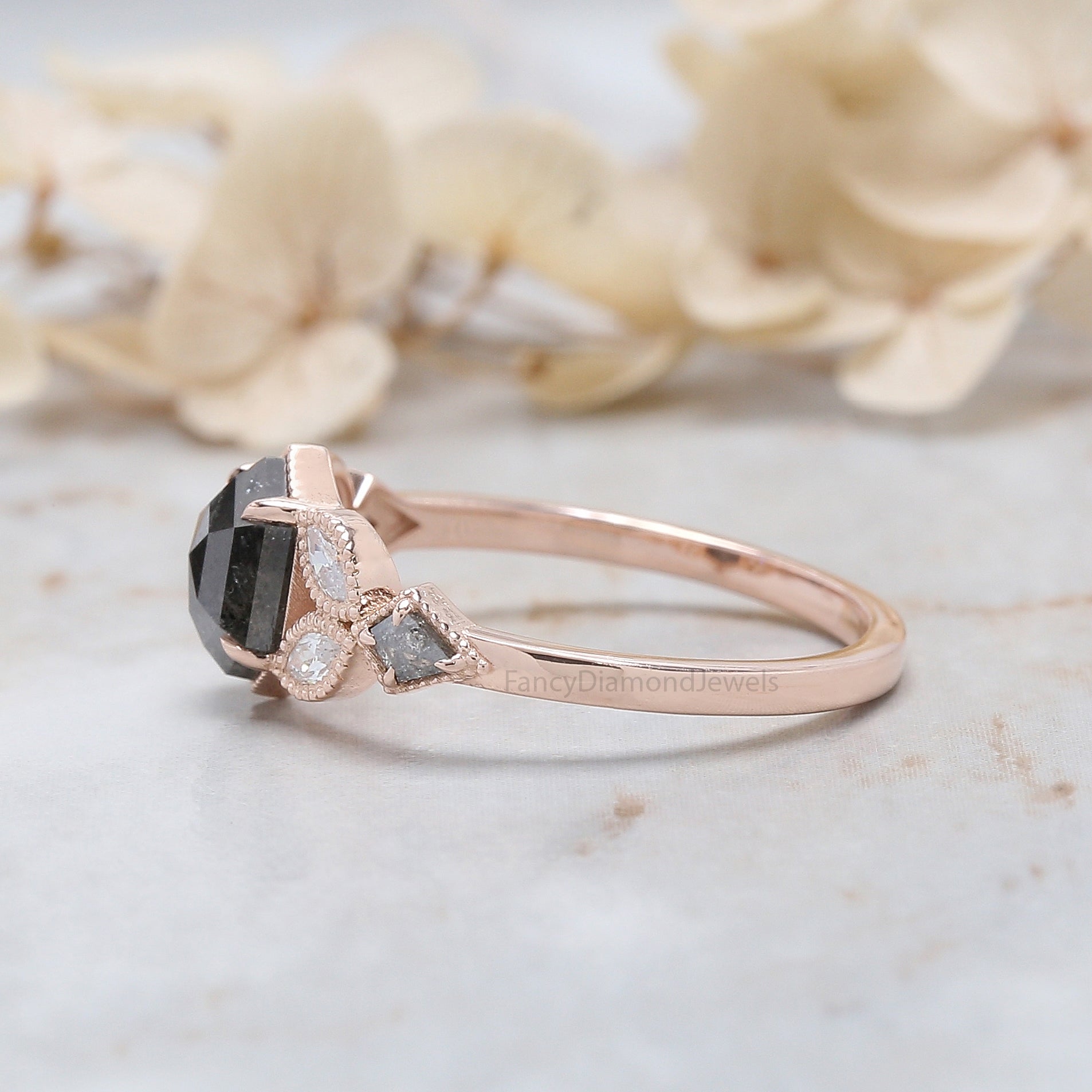 Hexagon Cut Salt And Pepper Diamond Ring 0.98 Ct 6.83 MM Hexagon Cut Diamond Ring 14K Rose Gold Silver Engagement Ring Gift For Her QL2943