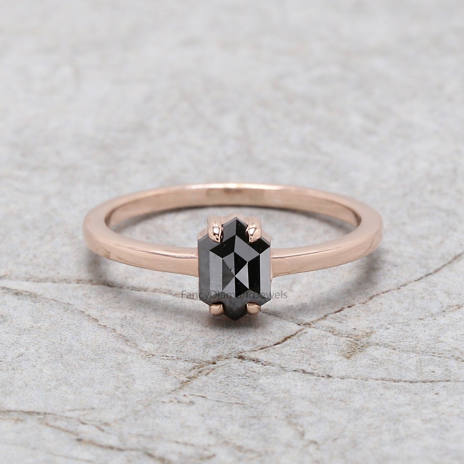 Hexagon Black Color Diamond Ring 0.88 Ct 6.70 MM Hexagon Shape Diamond Ring 14K Solid Rose Gold Silver Engagement Ring Gift For Her QN2274