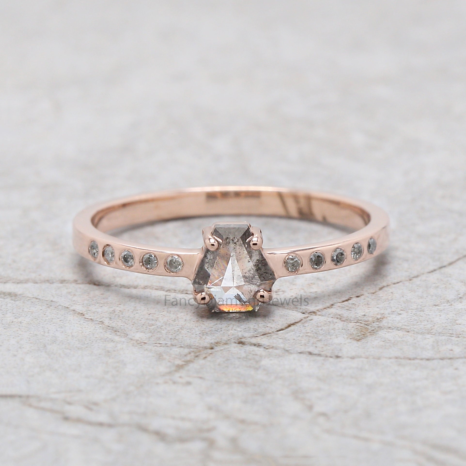 Coffin Cut Salt And Pepper Diamond Ring 0.46 Ct 5.30 MM Coffin Diamond Ring 14K Solid Rose Gold Silver Engagement Ring Gift For Her QN8892