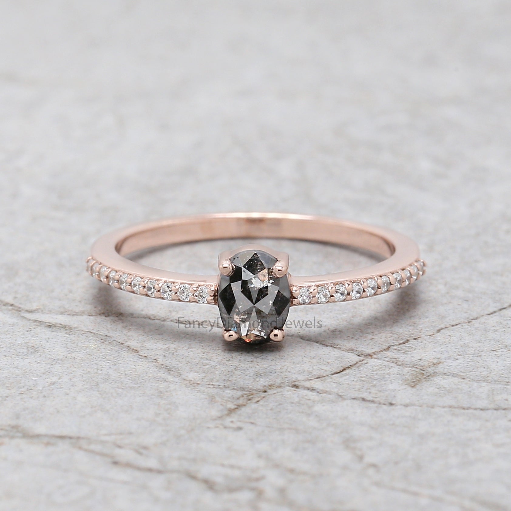 Oval Cut Salt And Pepper Diamond Ring 0.51 Ct 5.60 MM Oval Diamond Ring 14K Solid Rose Gold Silver Oval Engagement Ring Gift For Her QK2334