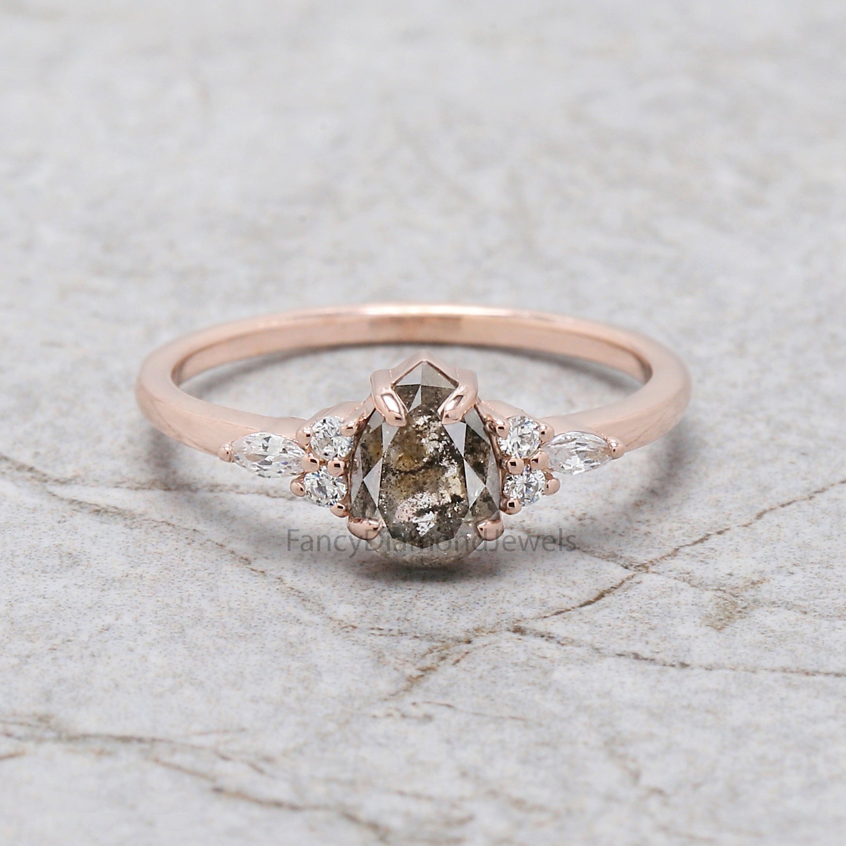 Pear Cut Salt And Pepper Diamond Ring 0.85 Ct 7.06 MM Pear Diamond Ring 14K Solid Rose Gold Silver Pear Engagement Ring Gift For Her QL2866