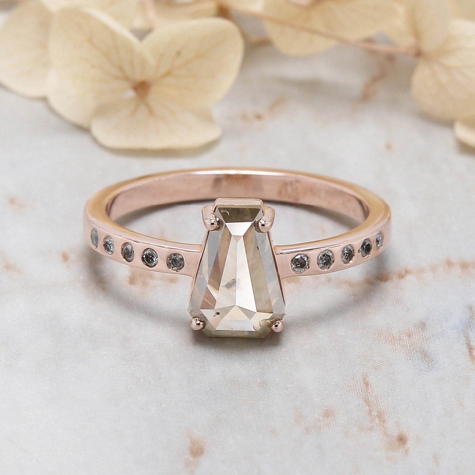 Coffin Cut Salt And Pepper Diamond Ring 1.43 Ct 8.35 MM Coffin Diamond Ring 14K Solid Rose Gold Silver Engagement Ring Gift For Her QL387