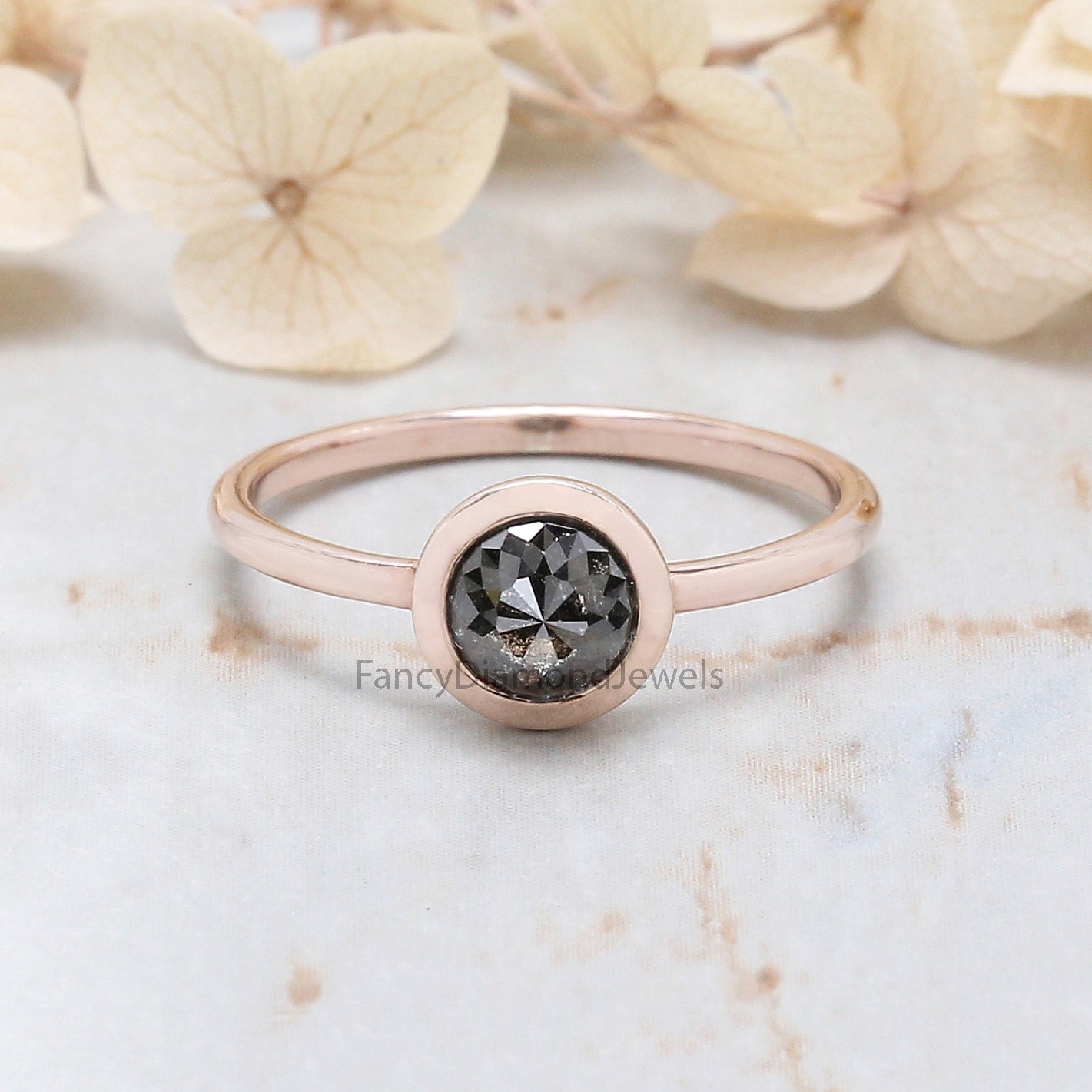 Round Rose Cut Salt And Pepper Diamond Ring 0.90 Ct 5.60 MM Round Shape Diamond Ring 14K Rose Gold Silver Engagement Ring Gift For Her QN8896