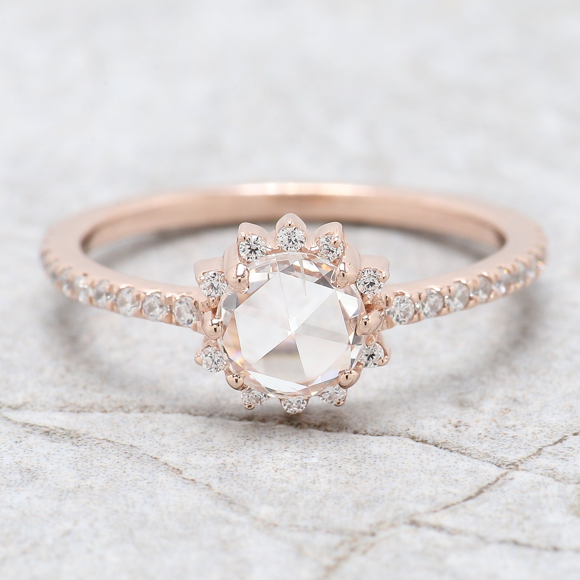 Round Rose Cut White Color Diamond Ring 0.55 Ct 6.00 MM Round Shape Diamond Ring 14K Rose Gold Silver Engagement Ring Gift For Her QL6242