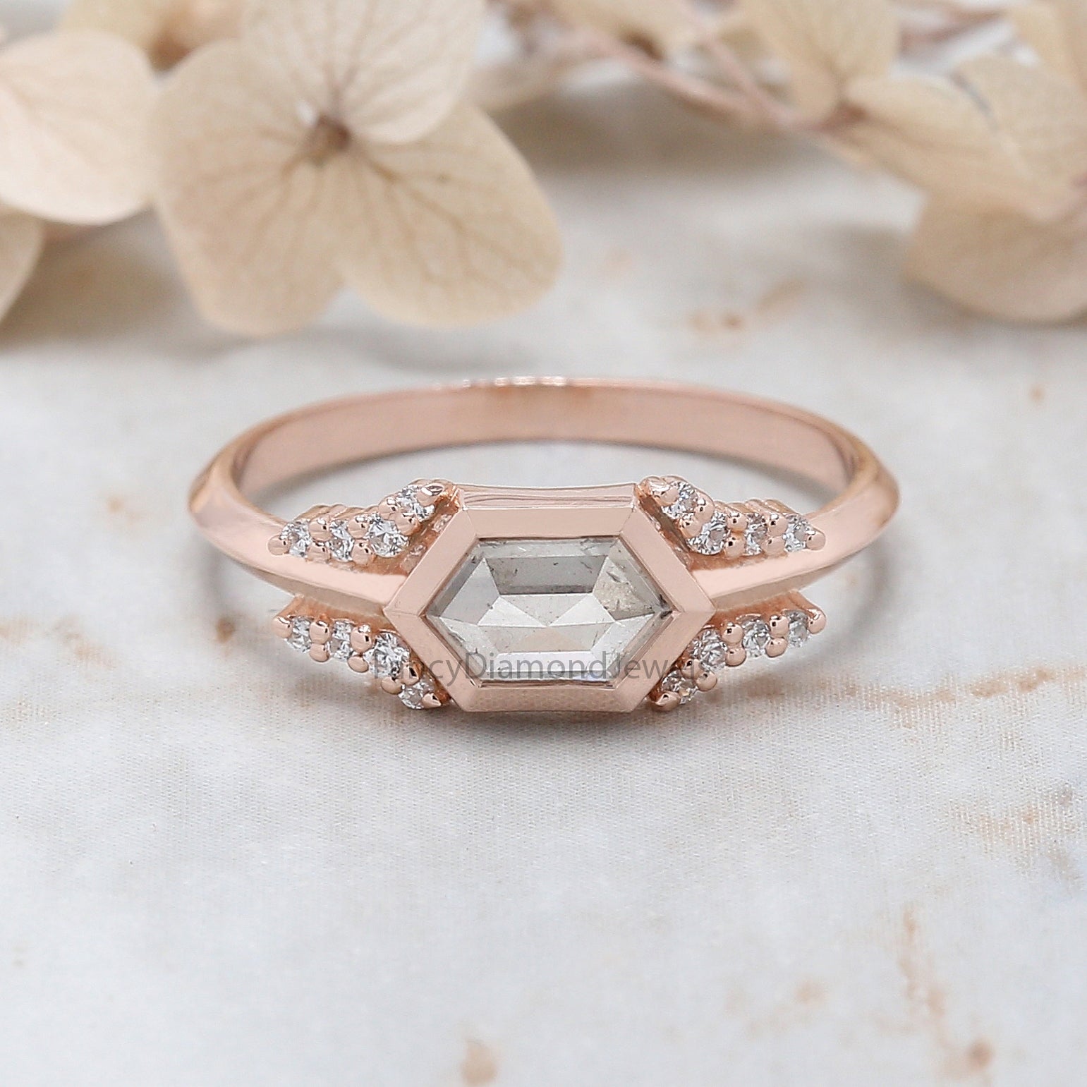 Hexagon Cut Grey Color Diamond Ring 0.88 Ct 7.25 MM Hexagon Shape Diamond Ring 14K Rose Gold Silver Engagement Ring Gift For Her QL212
