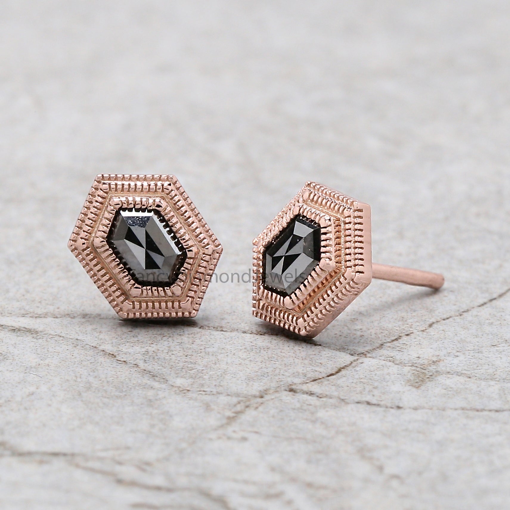 Hexagon Cut Black Diamond Earring 0.67 Ct 5.60 MM Hexagon Diamond Earring 14K Solid Rose Gold Silver Engagement Earring Gift For Her QL2740
