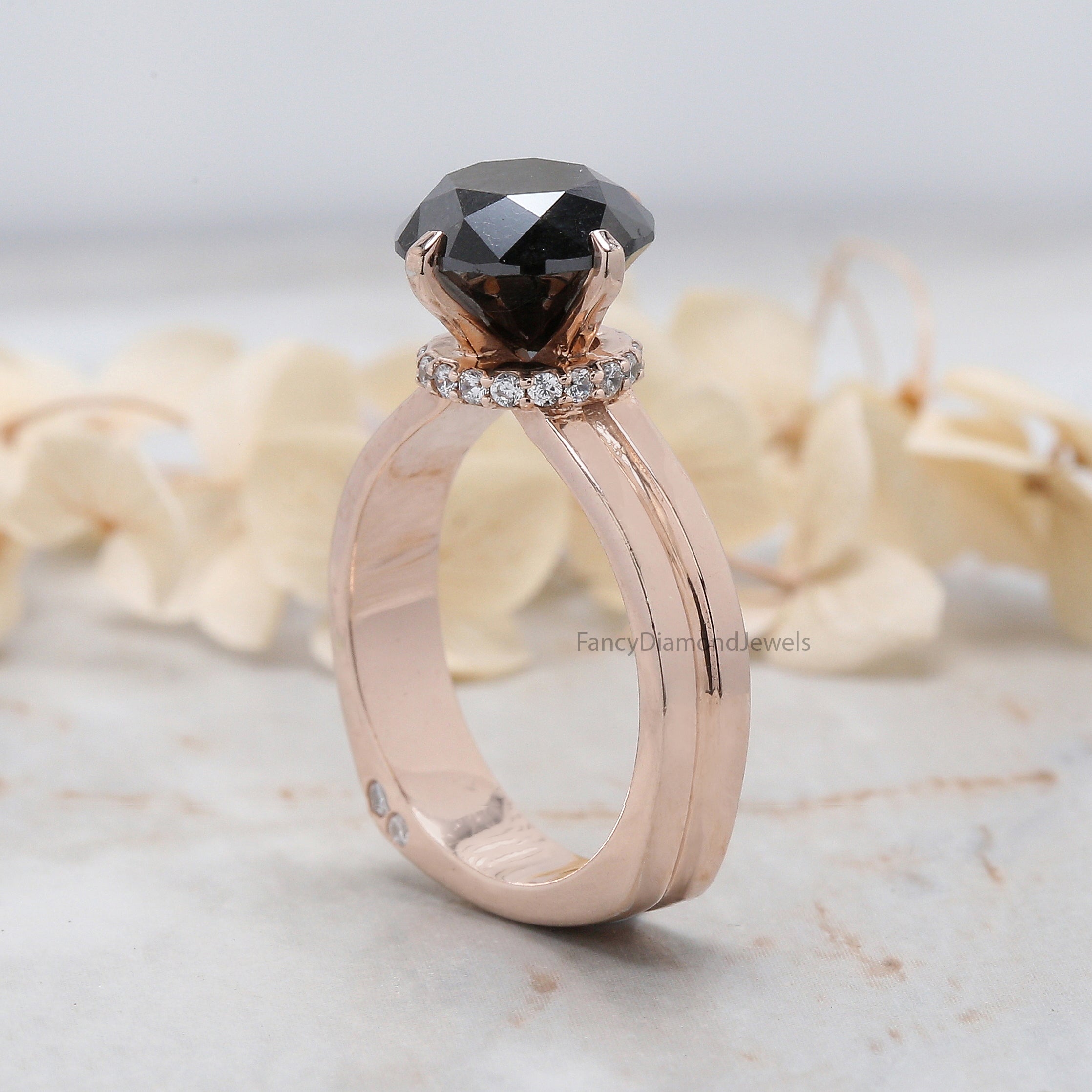 Round Cut Black Color Diamond Ring 3.76 Ct 9.30 MM Round Shape Diamond Ring 14K Solid Rose Gold Silver Engagement Ring Gift For Her QL8487