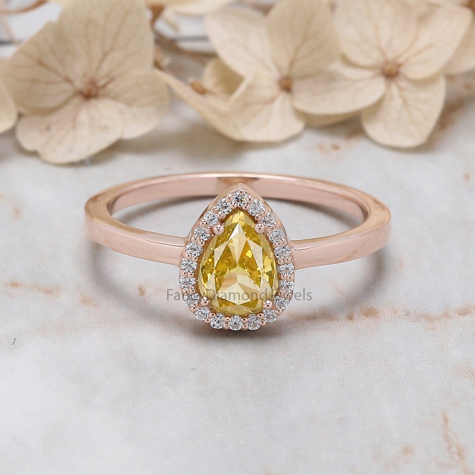 Pear Cut Yellow Color Diamond Ring 0.59 Ct 6.70 MM Pear Diamond Ring 14K Solid Rose Gold Silver Pear Engagement Ring Gift For Her QL6470