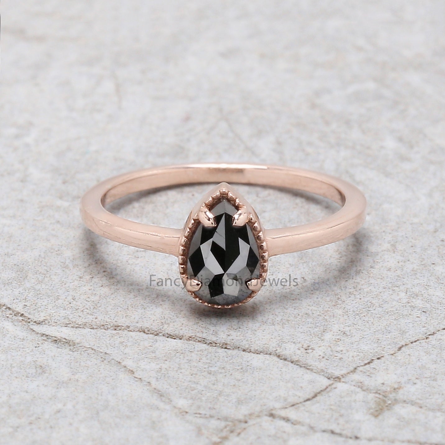 Pear Cut Black Color Diamond Ring 0.61 Ct 7.37 MM Pear Shape Diamond Ring 14K Solid Rose Gold Silver Pear Engagement Ring Gift For Her QN2270