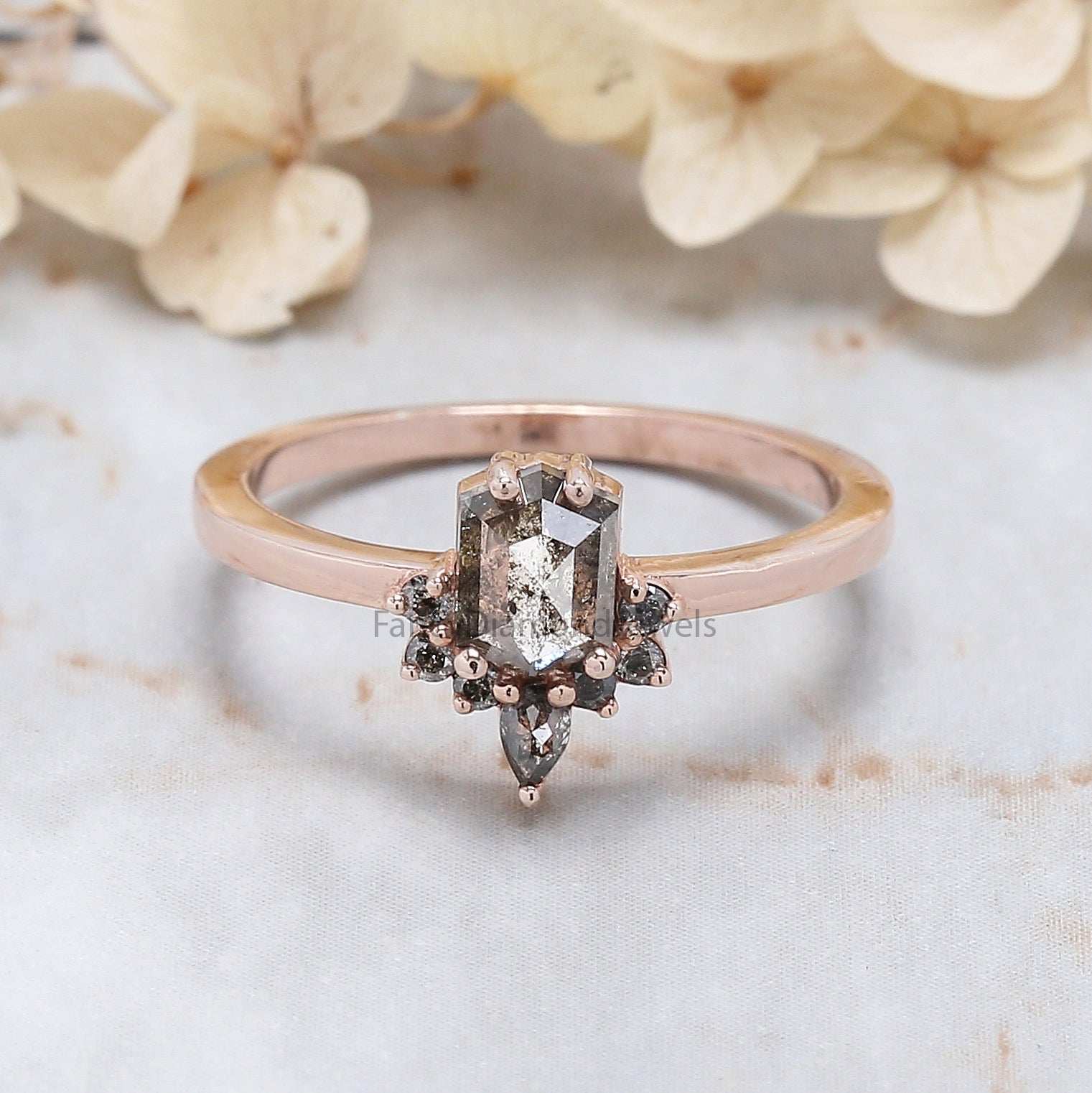 Hexagon Cut Salt And Pepper Diamond Ring 0.69 Ct 6.00 MM Hexagon Diamond Ring 14K Solid Rose Gold Silver Engagement Ring Gift For Her QN1480