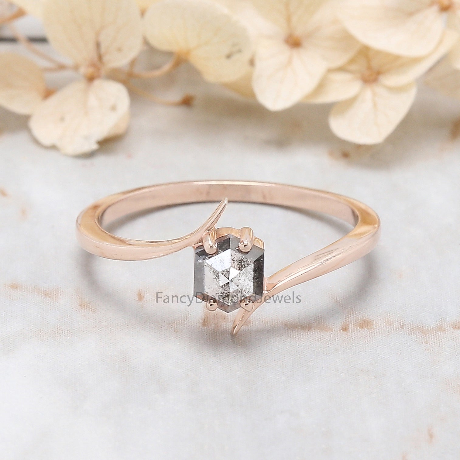 Hexagon Shape Black Color Diamond Ring 0.43 Ct 5.00 MM Hexagon Diamond Ring 14K Solid Rose Gold Silver Engagement Ring Gift For Her QN601