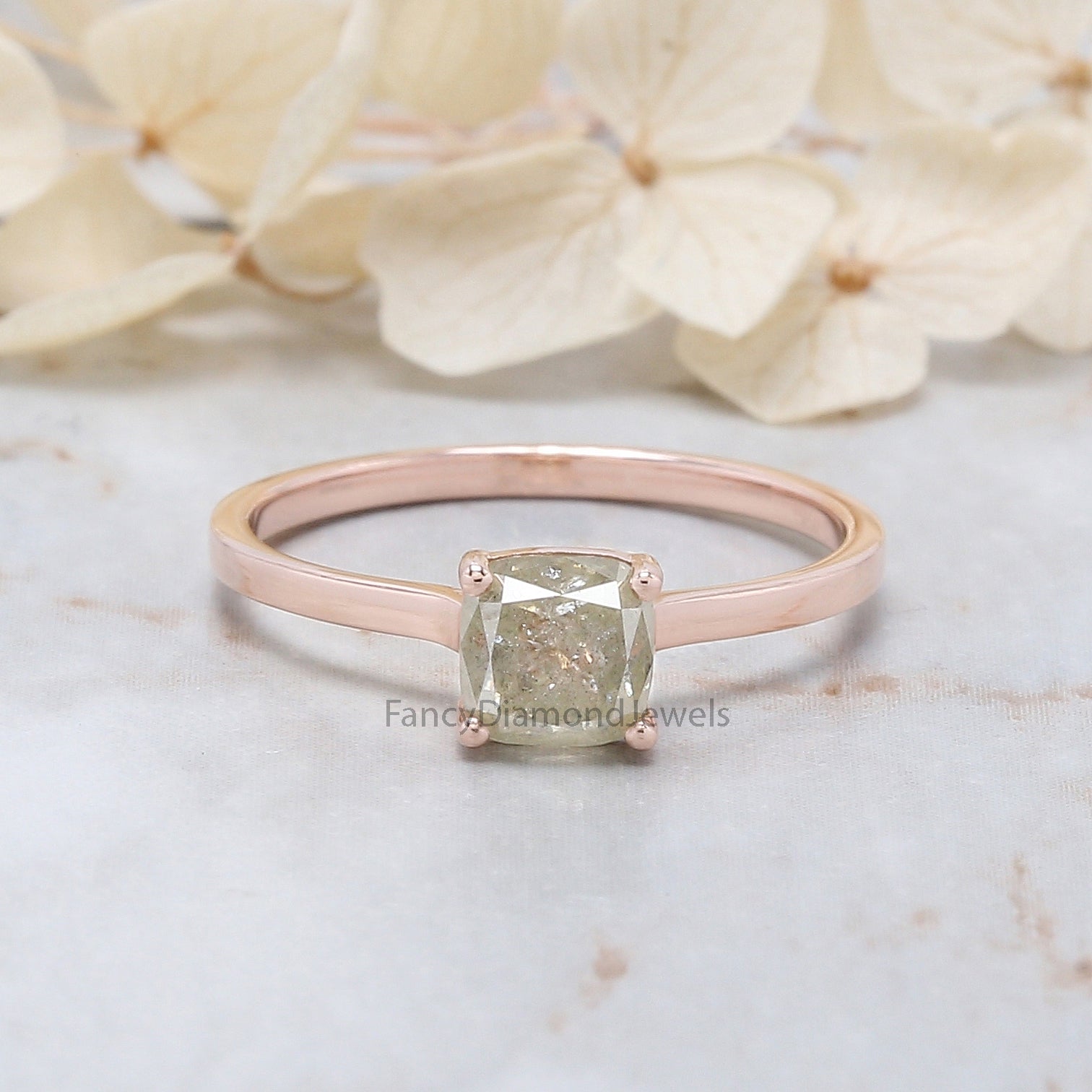 Cushion Cut Grey Color Diamond Ring 1.06 Ct 5.20 MM Cushion Diamond Ring 14K Solid Rose Gold Silver Engagement Ring Gift For Her QL5910