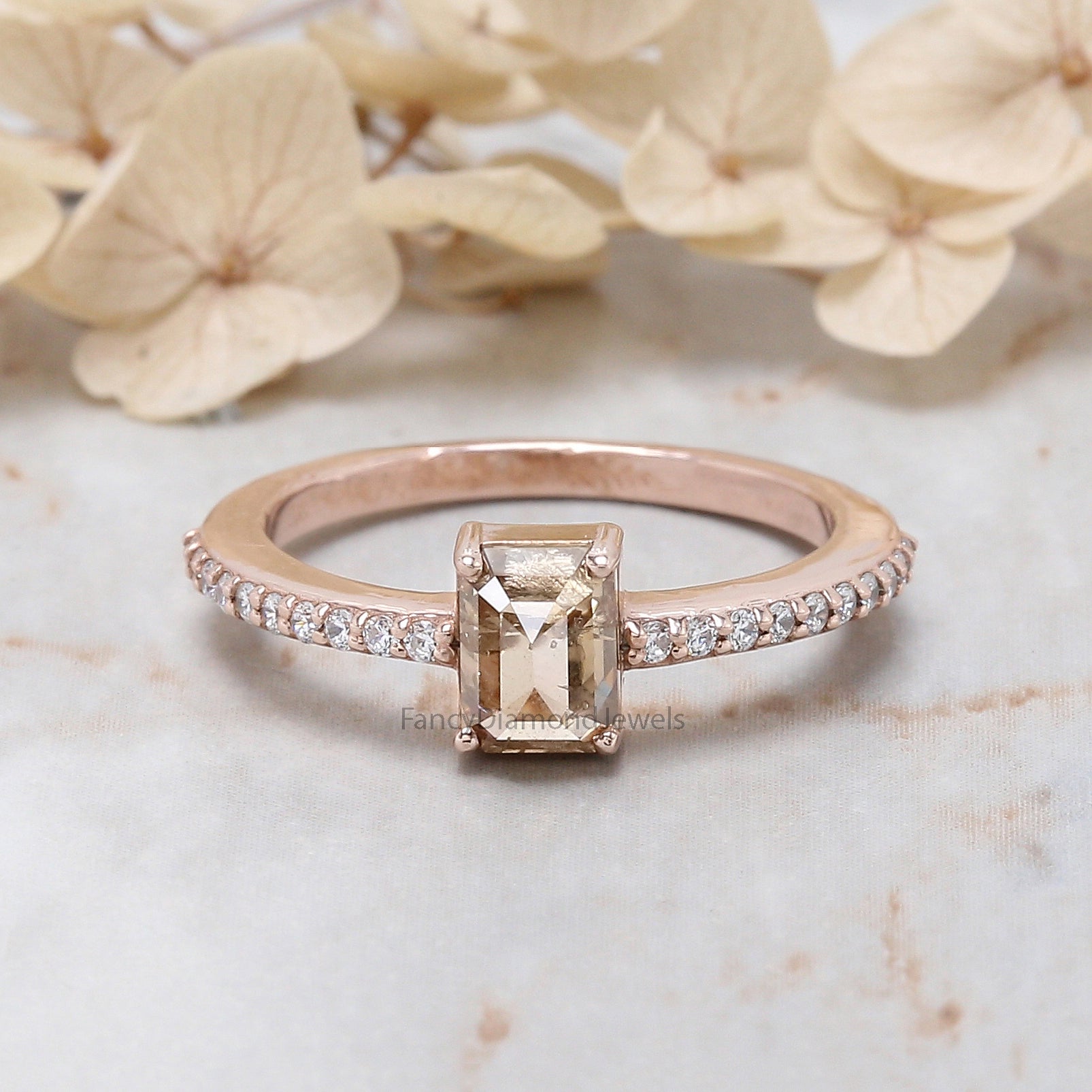 Emerald Cut Brown Color Diamond Ring 0.87 Ct 6.05 MM Emerald Shape Diamond Ring 14K Rose Gold Silver Engagement Ring Gift For Her QL060