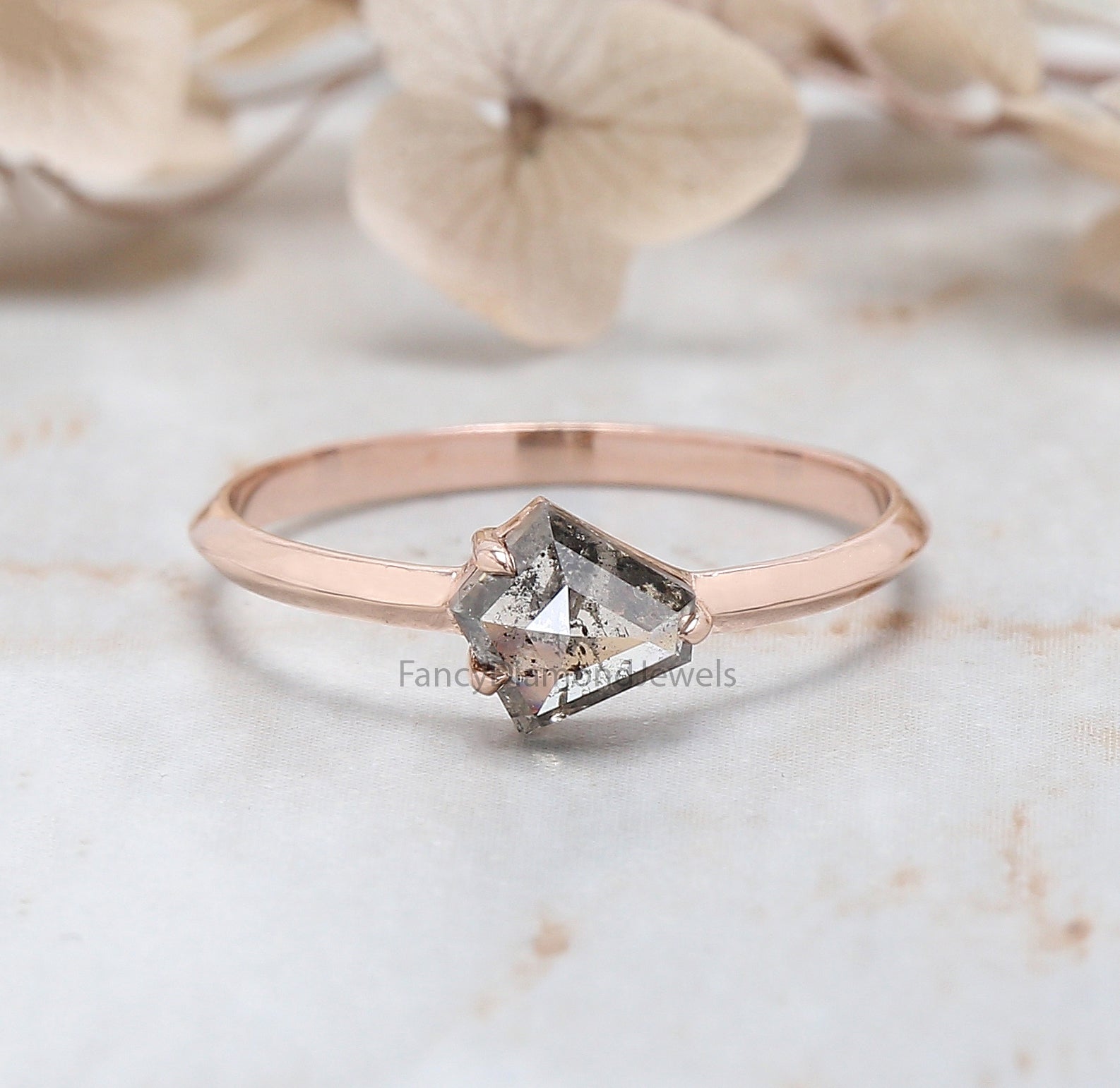 Pentagon Cut Salt And Pepper Diamond Ring 0.72 Ct 6.00 MM Pentagon Diamond Ring 14K Rose Gold Silver Engagement Ring Gift For Her QL9518