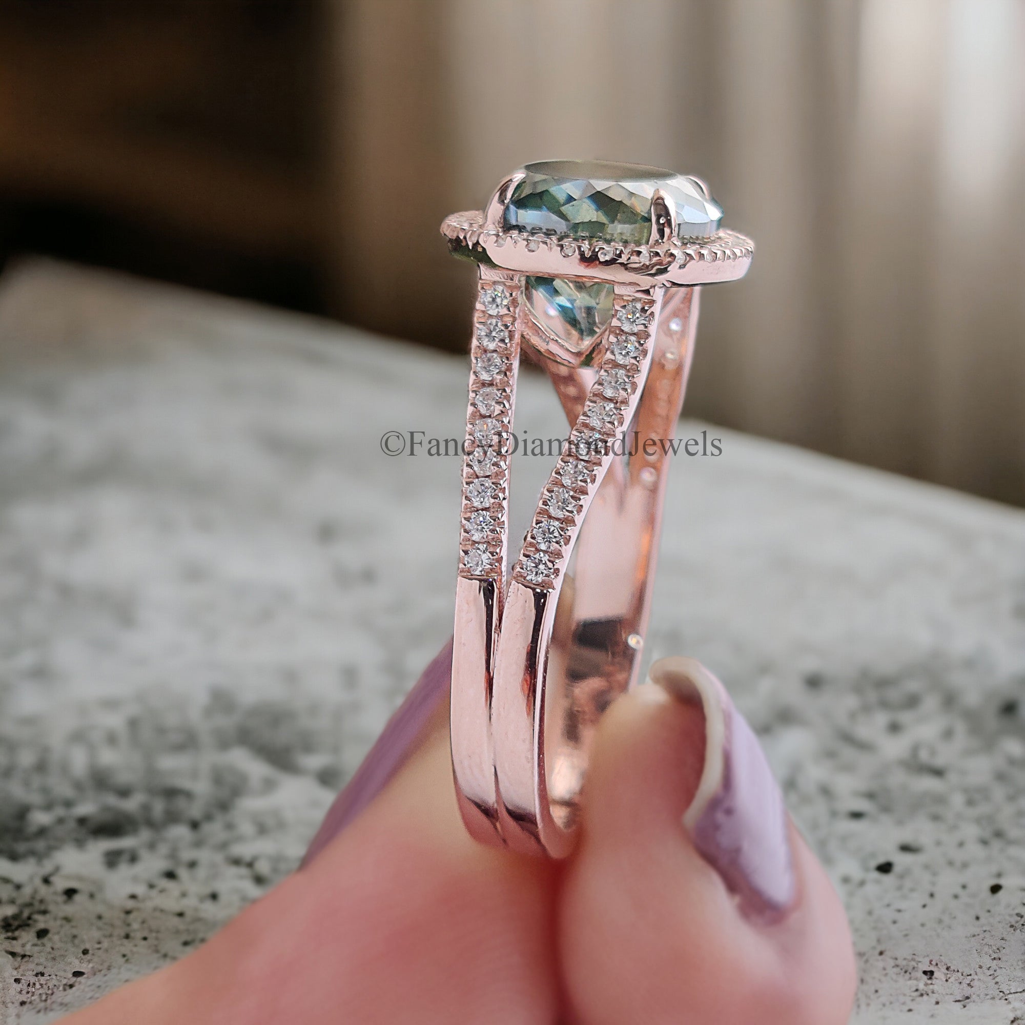 Cyan Blue Round Portuguese Cut Moissanite Ring - Rose Gold Halo Engagement Ring With Split Shank And Round Brilliant Cut Side Stones FD209