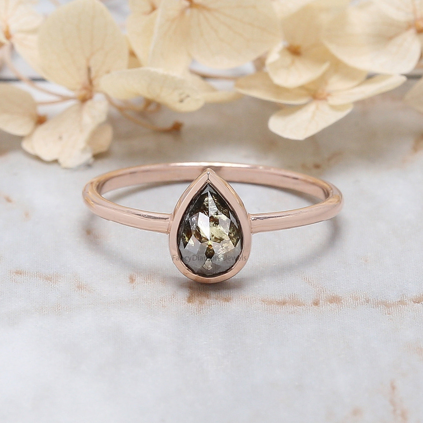 Pear Cut Salt And Pepper Diamond Ring 0.61 Ct 6.89 MM Pear Diamond Ring 14K Solid Rose Gold Silver Pear Engagement Ring Gift For Her QL2732