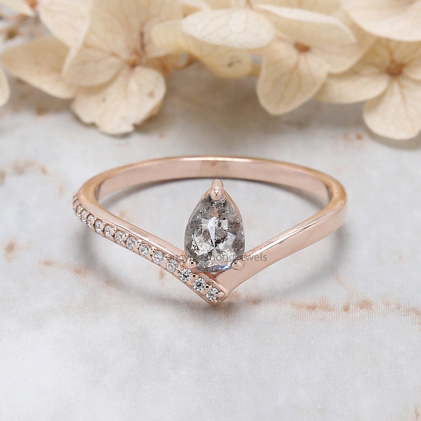 Pear Cut Salt And Pepper Diamond Ring 0.39 Ct 5.95 MM Pear Diamond Ring 14K Solid Rose Gold Silver Pear Engagement Ring Gift For Her QN606
