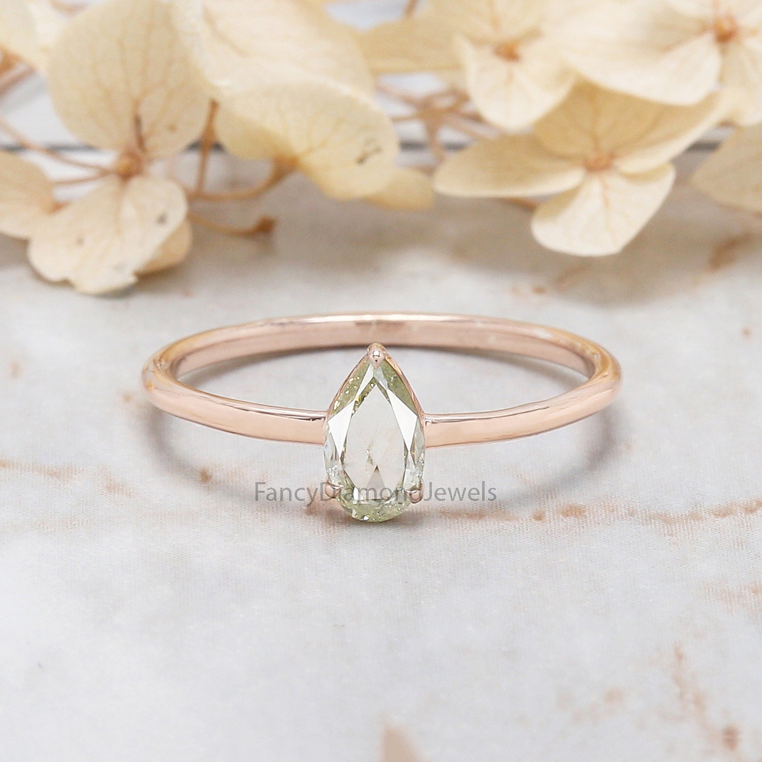 GIA Certified Pear Green Color Diamond Ring 0.32 Ct 6.63 MM Pear Diamond Ring 14K Solid Rose Gold Silver Engagement Ring Gift For Her QL4429