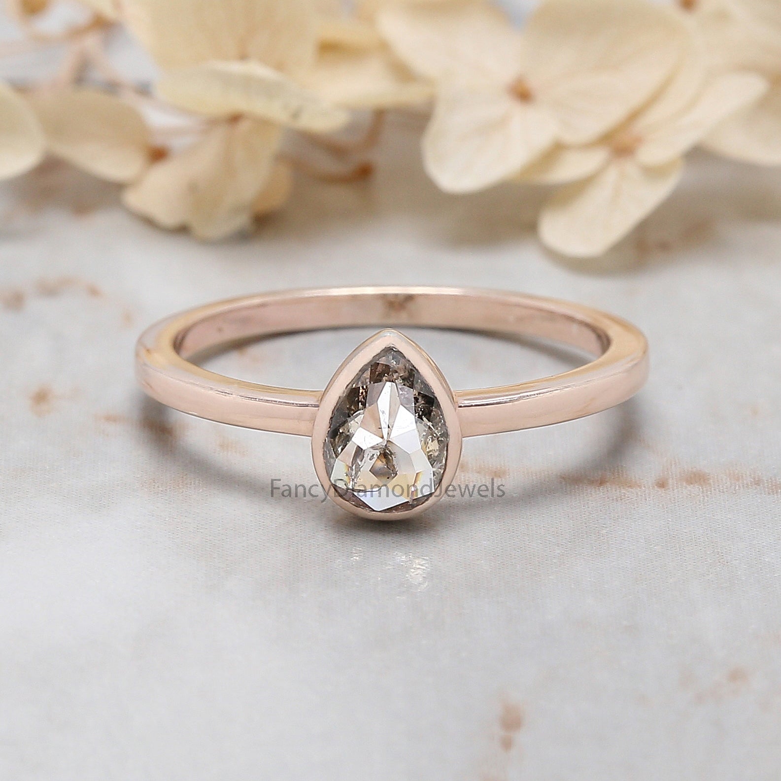 0.41 Ct Natural Pear Cut Salt And Pepper Diamond Ring 5.95 MM Pear Shape Diamond Ring 14K Solid Rose Gold Silver Engagement Ring QN137