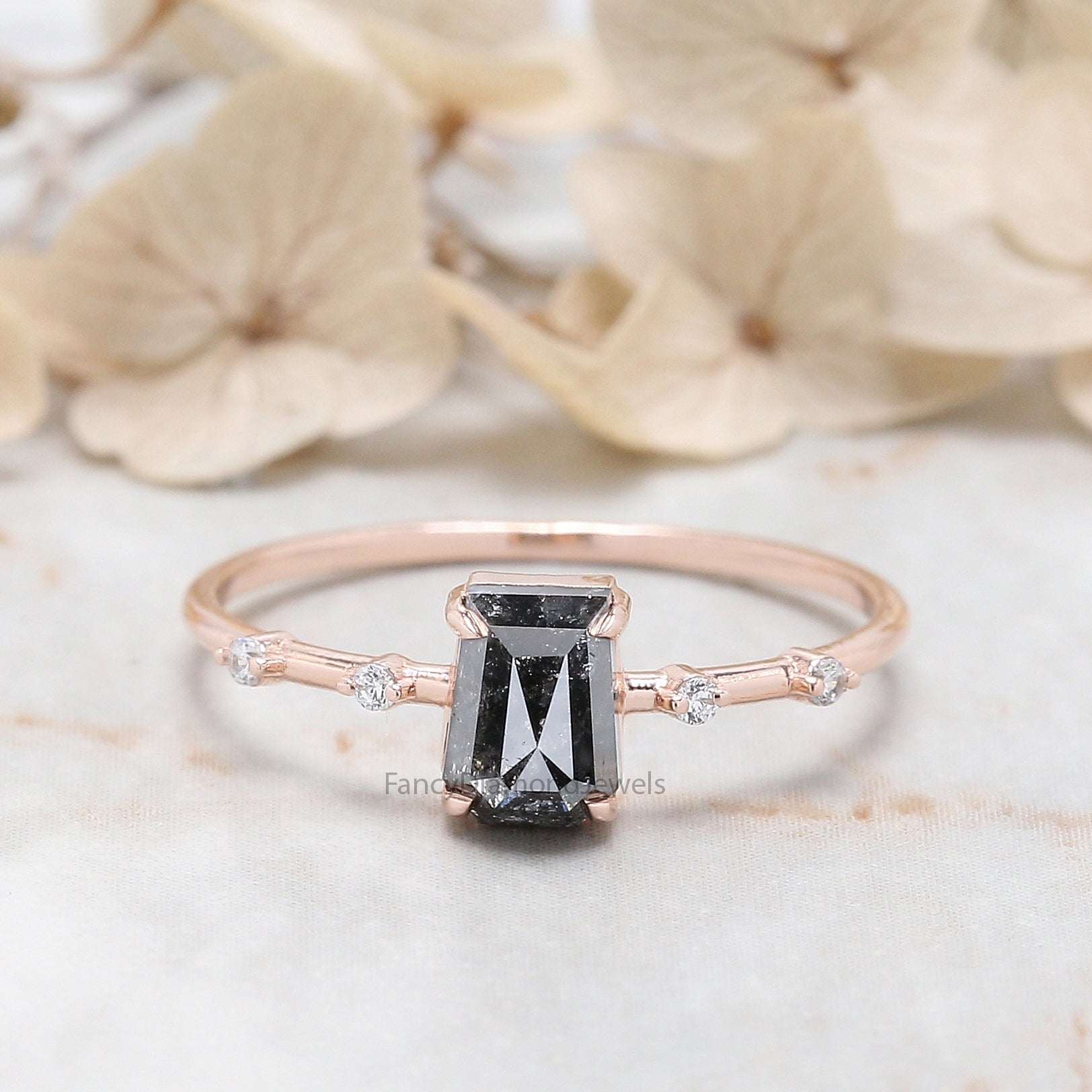 Coffin Cut Salt And Pepper Diamond Ring 0.87 Ct 6.00 MM Coffin Diamond Ring 14K Solid Rose Gold Silver Engagement Ring Gift For Her QN8841