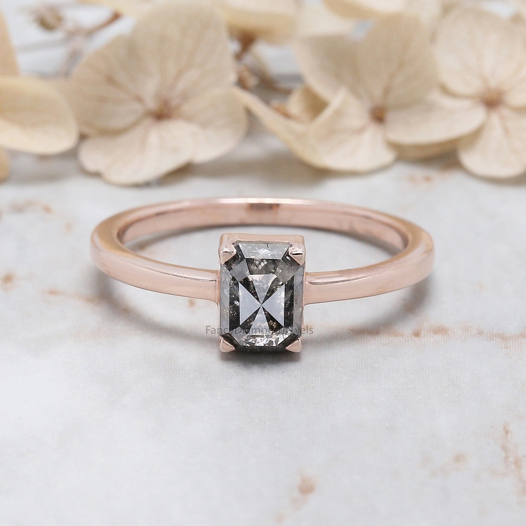 Emerald Cut Salt And Pepper Diamond Ring 1.05 Ct 6.22 MM Emerald Diamond Ring 14K Solid Rose Gold Silver Engagement Ring Gift For Her QLB2044