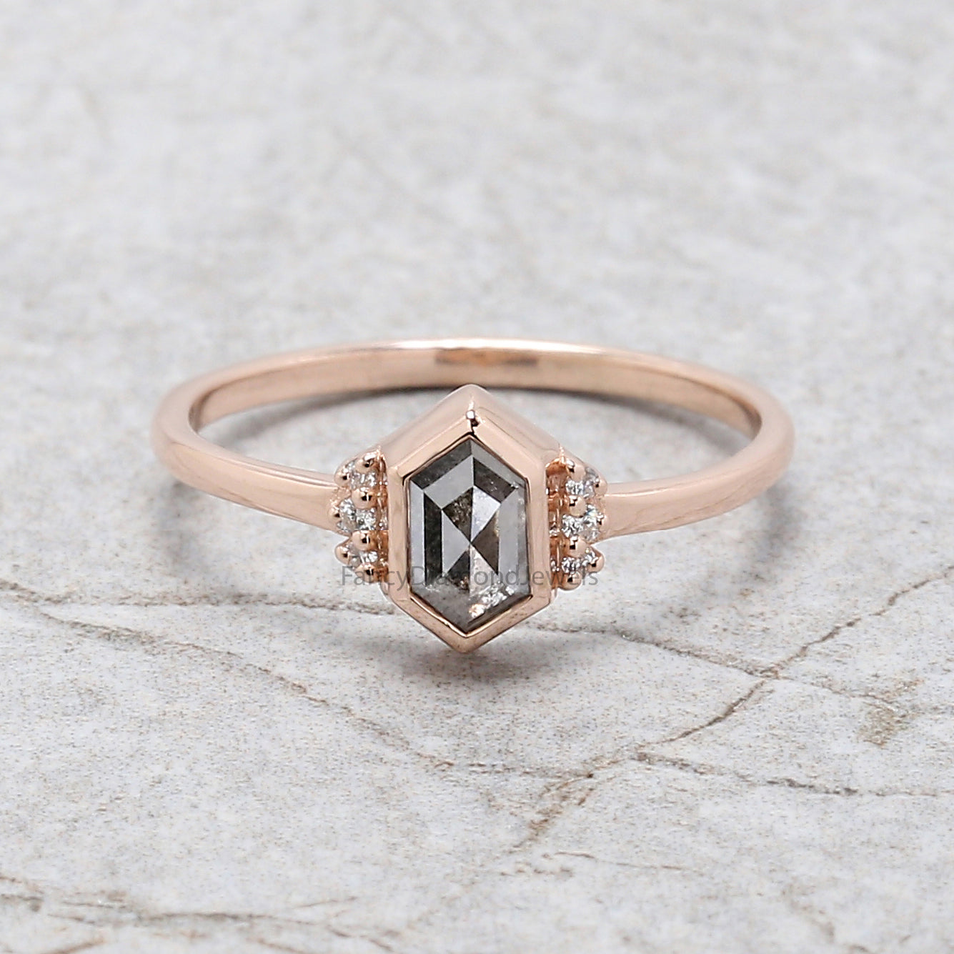 Hexagon Cut Salt And Pepper Diamond Ring 0.48 Ct 6.38 MM Hexagon Cut Diamond Ring 14K Rose Gold Silver Engagement Ring Gift For Her QL2472