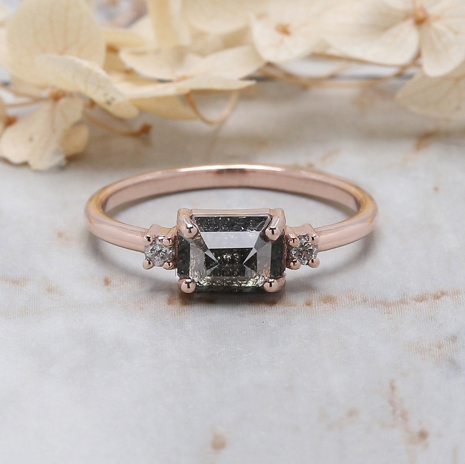Emerald Cut Salt And Pepper Diamond Ring 1.22 Ct 6.75 MM Emerald Diamond Ring 14K Solid Rose Gold Silver Engagement Ring Gift For Her QL1363