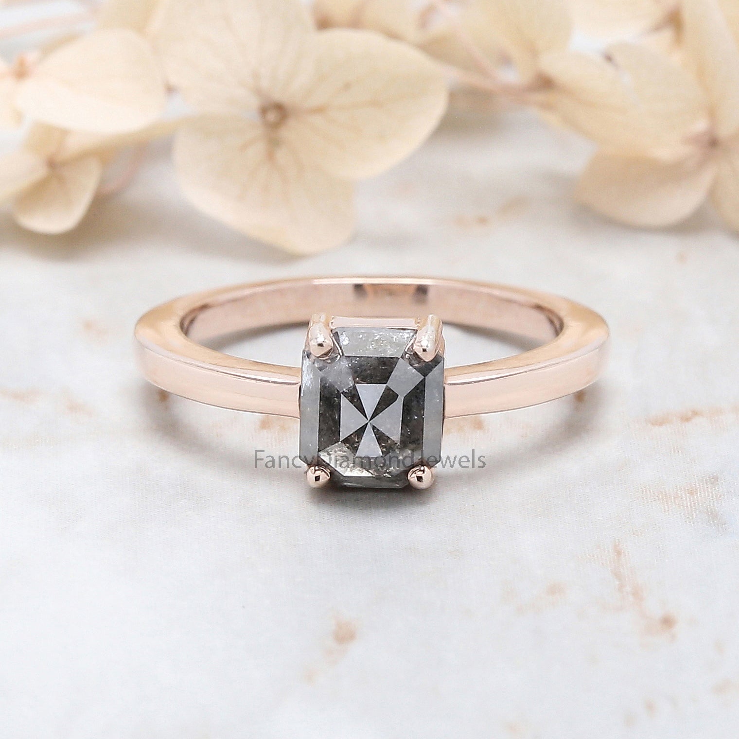 Emerald Cut Salt And Pepper Diamond Ring 0.79 Ct 5.50 MM Emerald Diamond Ring 14K Solid Rose Gold Silver Engagement Ring Gift For Her QN9365