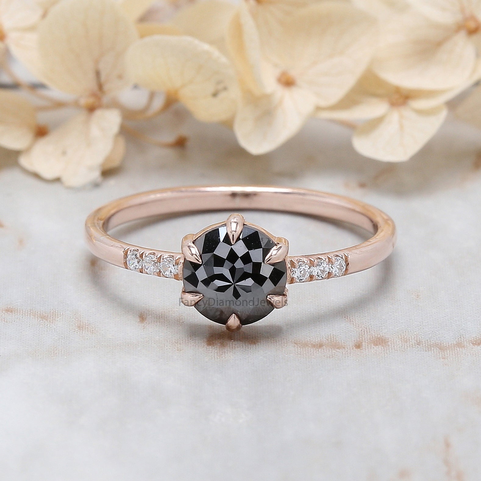 Round Rose Cut Black Color Diamond Ring 0.74 Ct 6.13 MM Round Shape Diamond Ring 14K Rose Gold Silver Engagement Ring Gift For Her QN2508