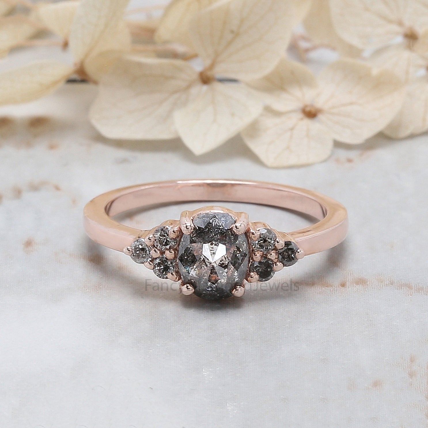 Oval Cut Salt And Pepper Diamond Ring 0.91 Ct 6.60 MM Oval Diamond Ring 14K Solid Rose Gold Silver Oval Engagement Ring Gift For Her QL665