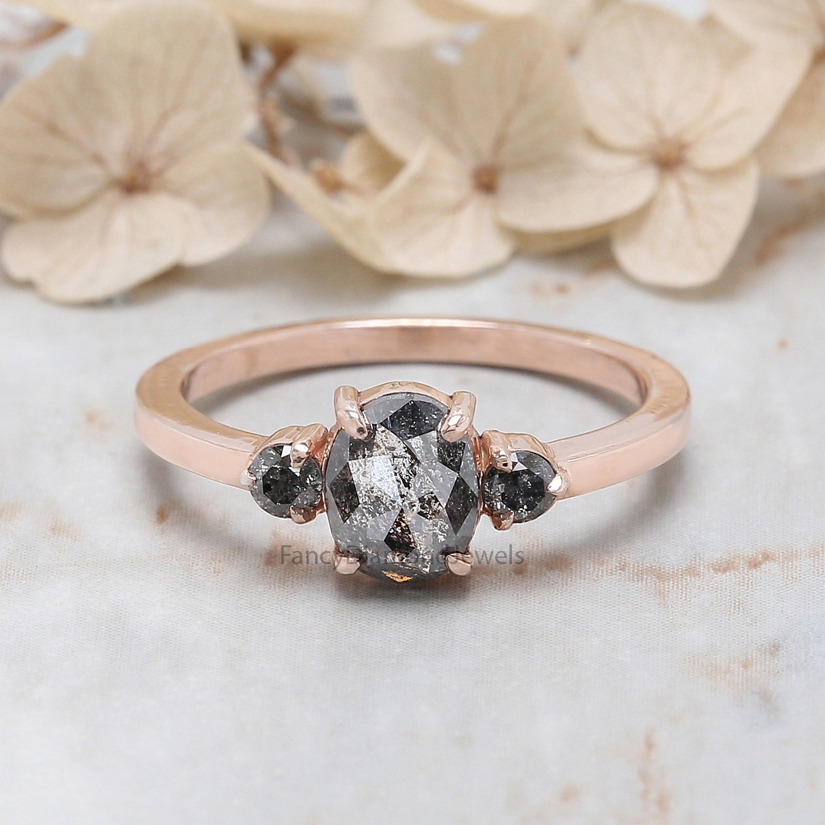 Oval Cut Salt And Pepper Diamond Ring 0.95 Ct 6.80 MM Oval Diamond Ring 14K Solid Rose Gold Silver Oval Engagement Ring Gift For Her QL1544