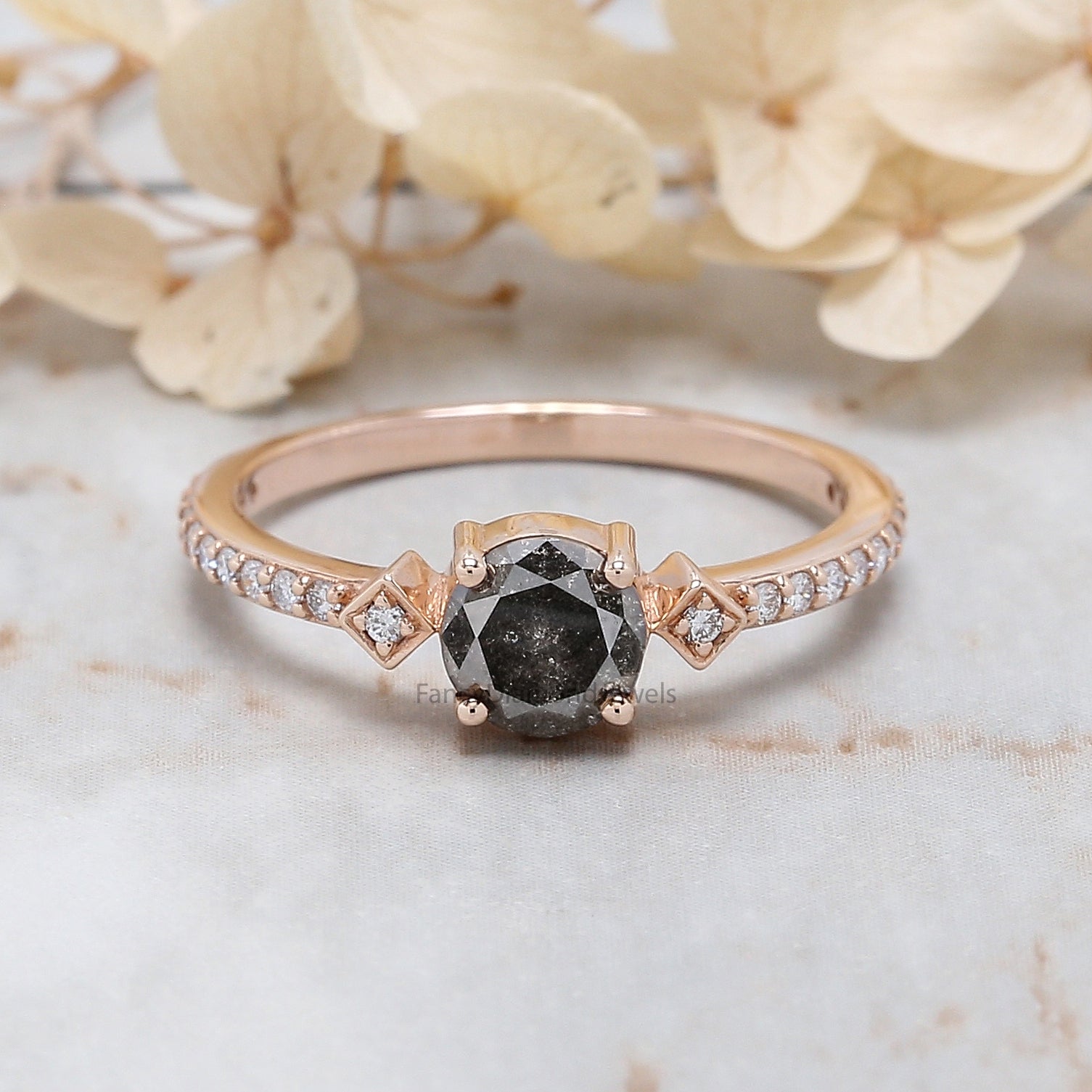 Round Cut Salt And Pepper Diamond Ring 0.83 Ct 5.70 MM Round Diamond Ring 14K Solid Rose Gold Silver Engagement Ring Gift For Her QN2489