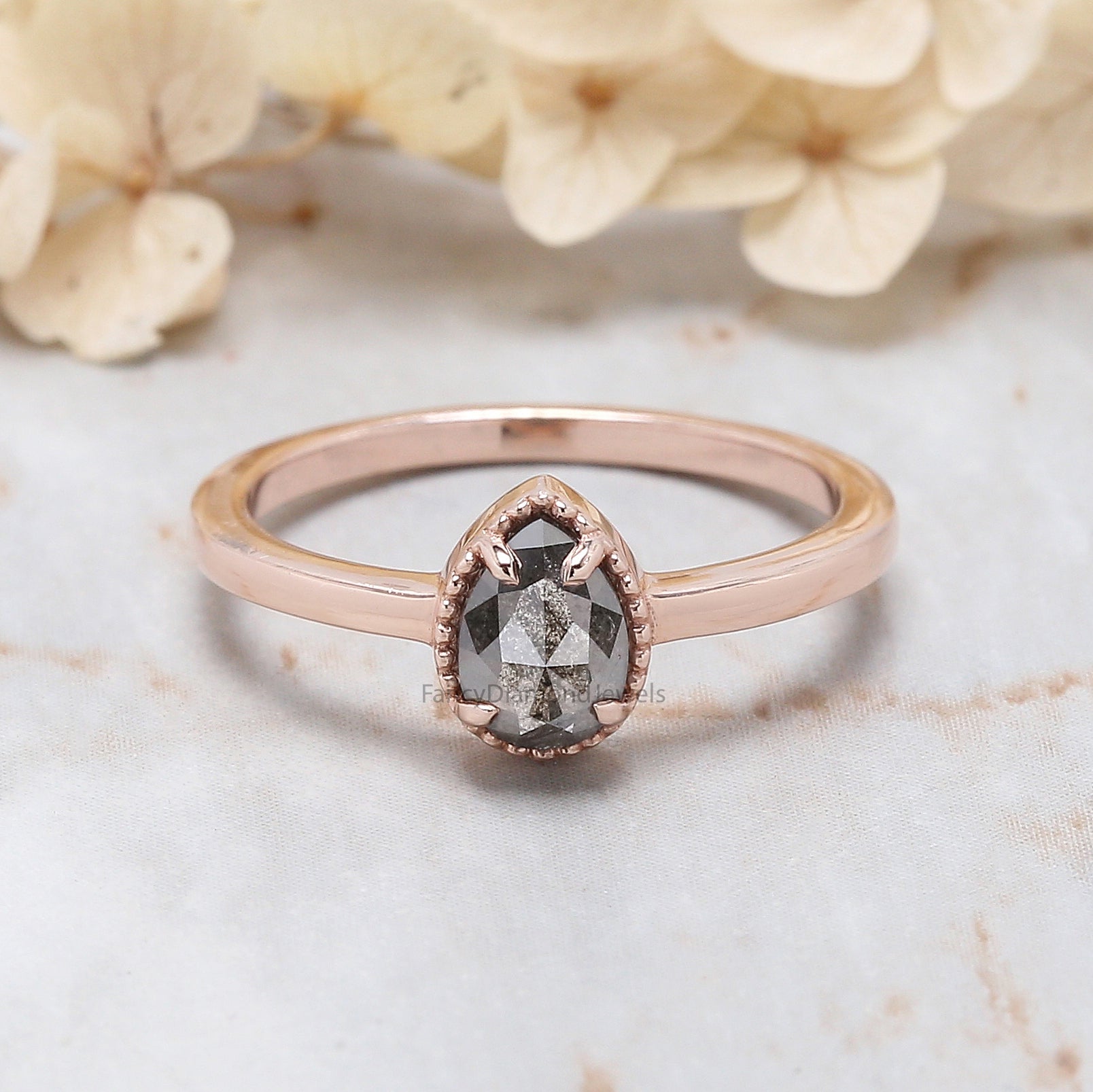 0.70 Ct Natural Pear Cut Salt And Pepper Diamond Ring 6.52 MM Pear Diamond Ring 14K Solid Rose Gold Silver Engagement Ring Pear Ring QL2359