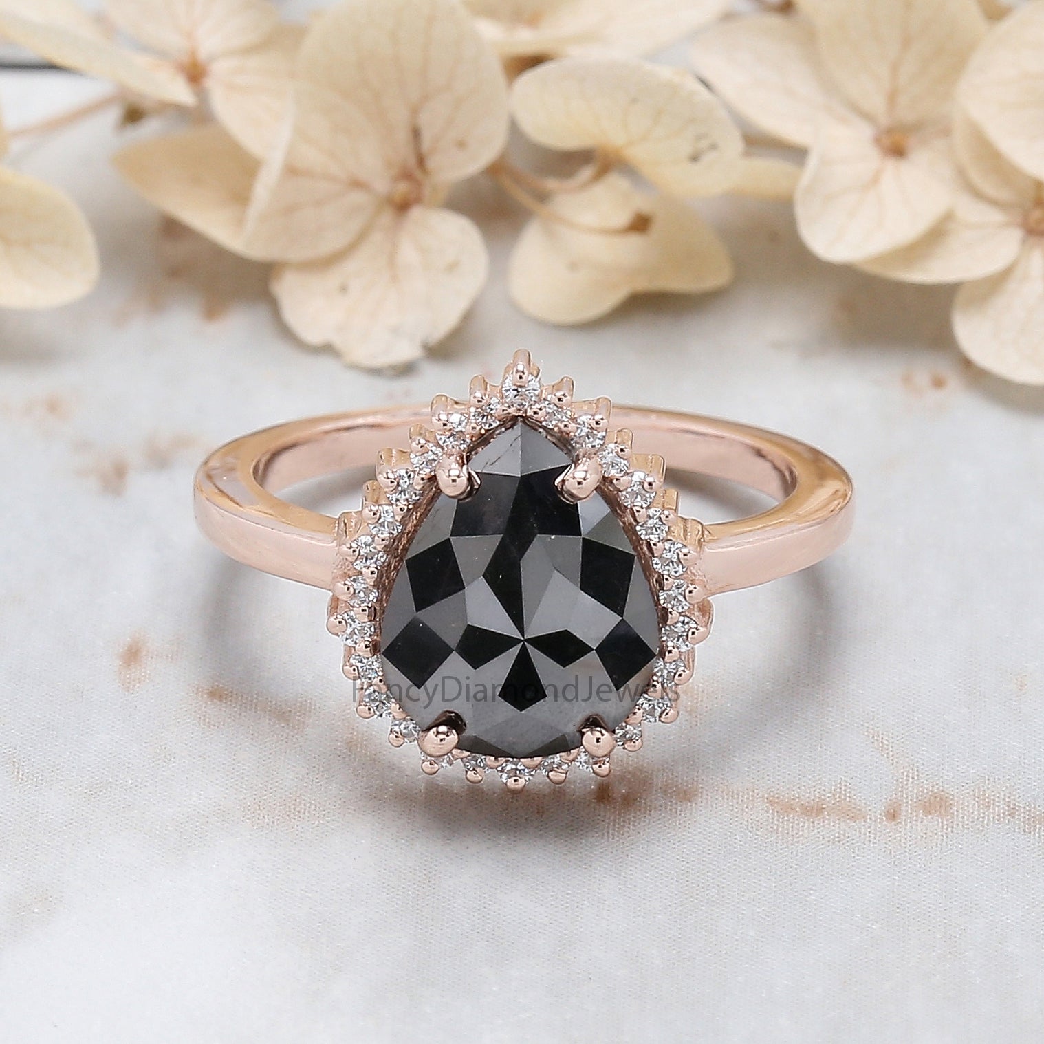 Pear Black Color Diamond Ring, Black Pear Diamond Engagement Ring, Black Diamond Ring, Halo Diamond Ring, Pear Cut Ring, Pear Ring KD873